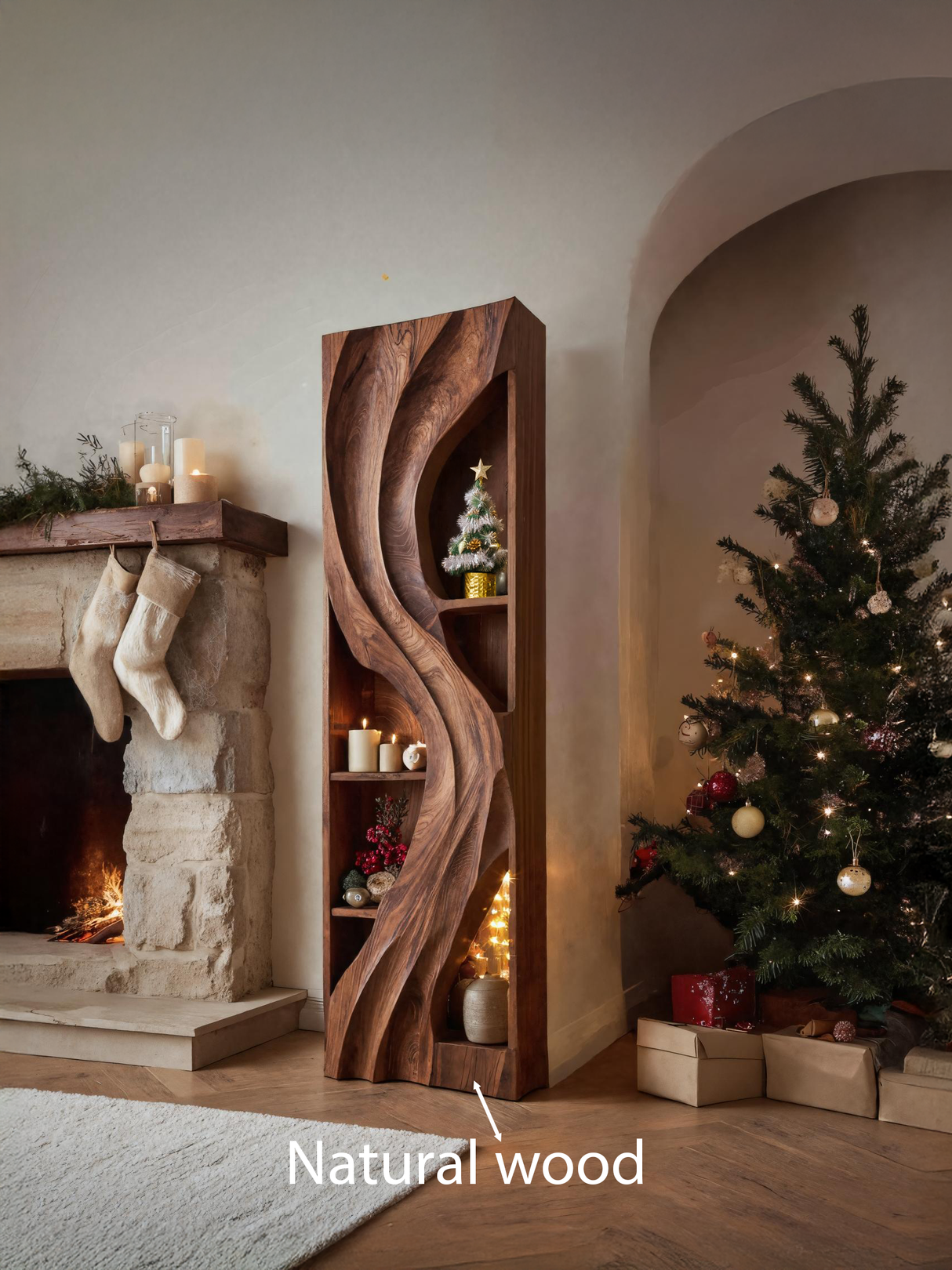 Handcrafted Standing Shelf With Sculpted Wave Design For Holiday