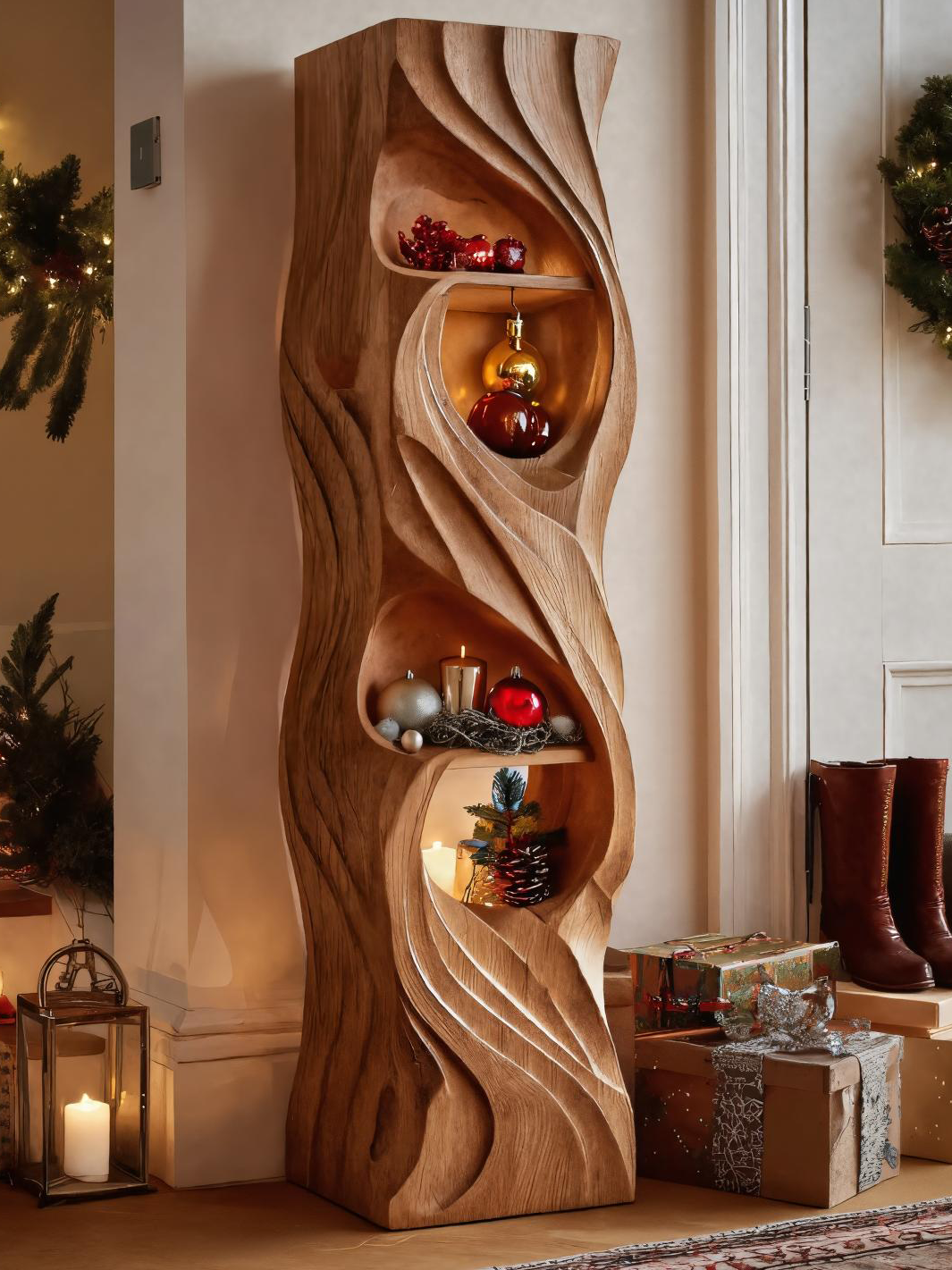 Rustic Standing Shelf With Wave Design For Holiday Display