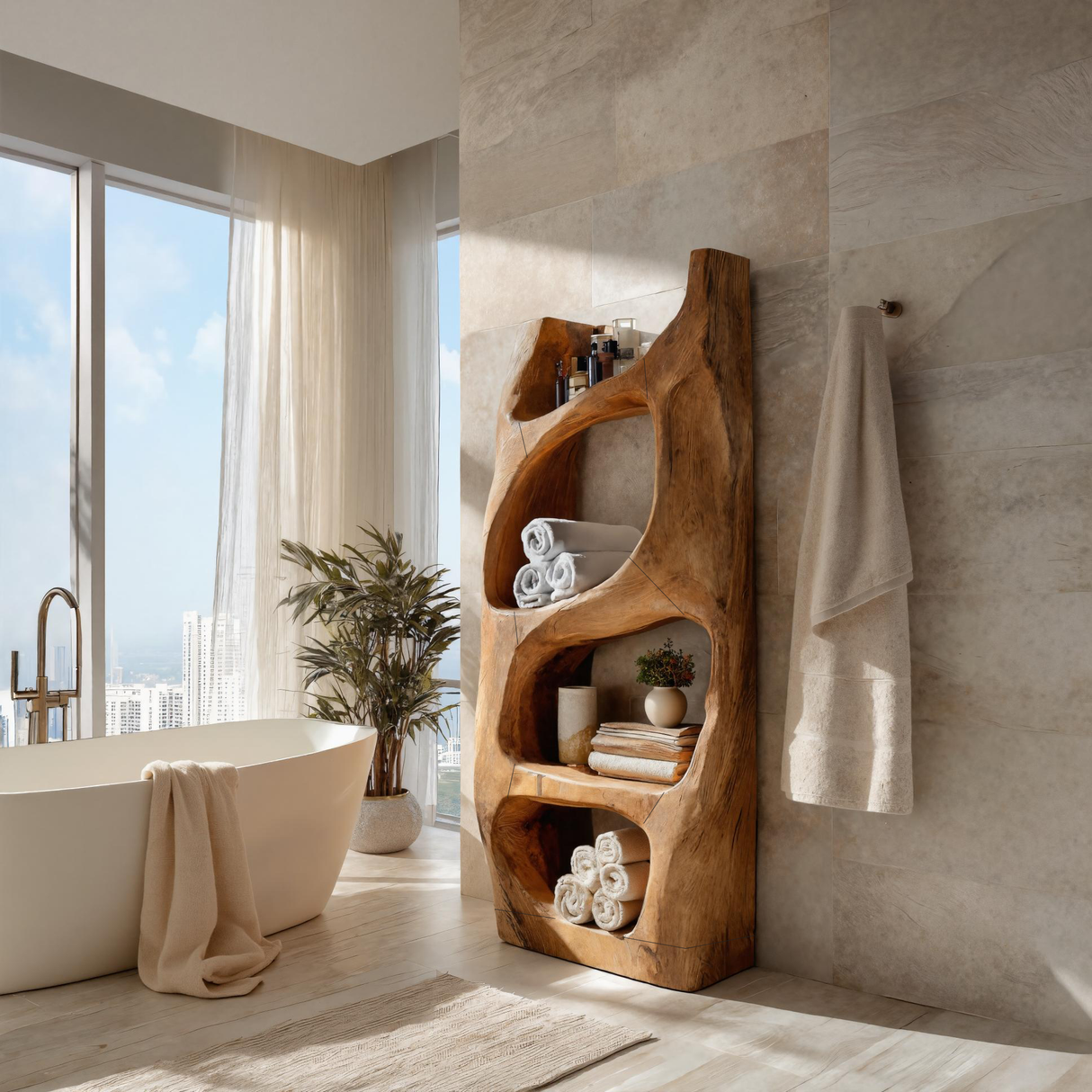 Handcrafted Sculptural Bathroom Shelf For Towels Or Spa Storage