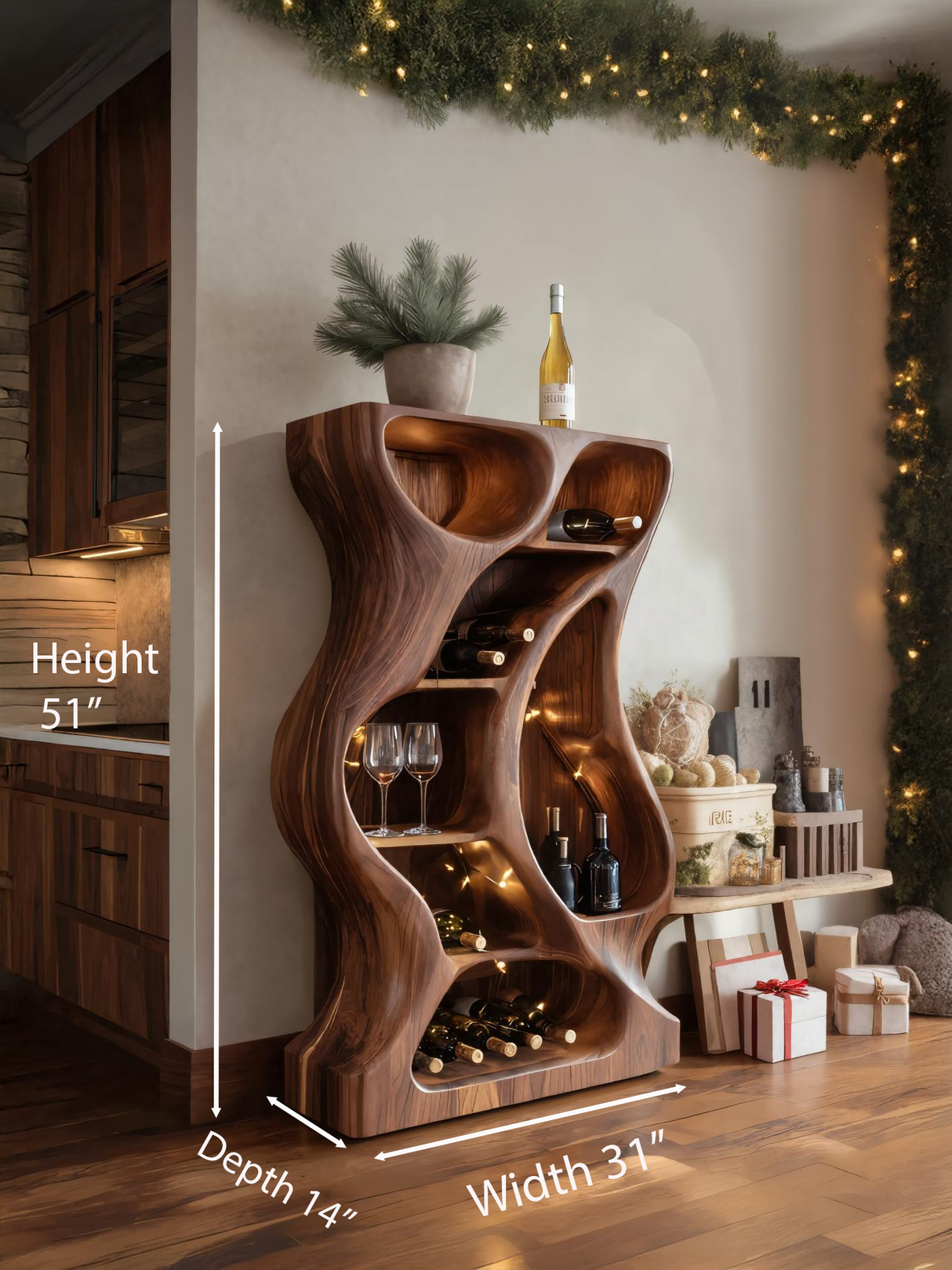 Modern Cabinet With Wave Carved Doors And Wine Storage For Kitchen