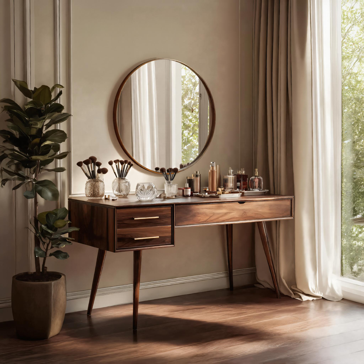 Mid Century Modern Vanity Desk With Drawers For Bedroom