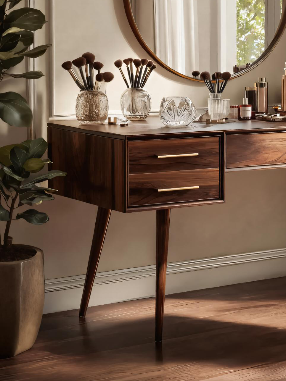 Mid Century Modern Vanity Desk With Drawers For Bedroom