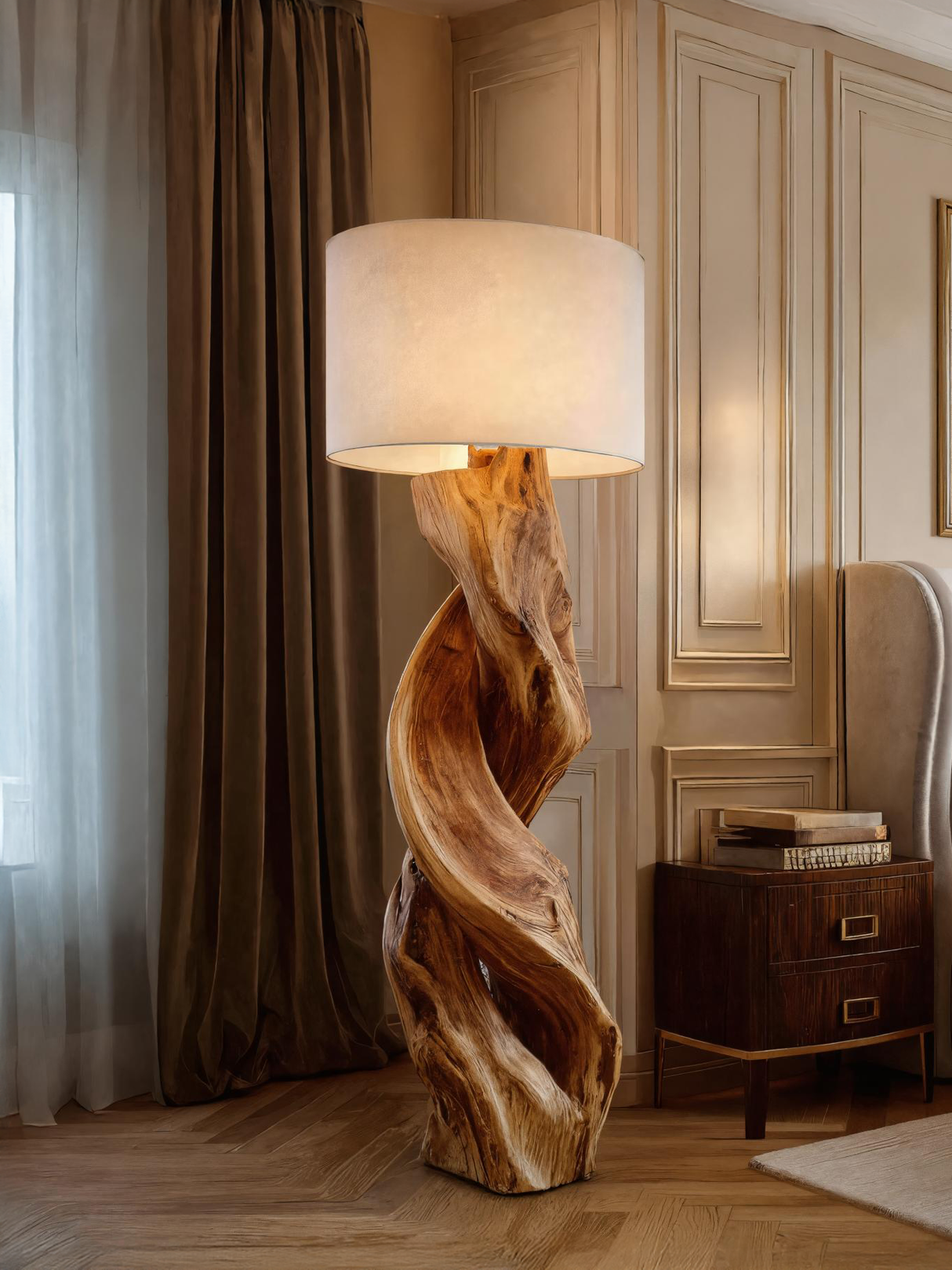 Rustic Sculptural Floor Lamp With Twisted Base For Bedroom