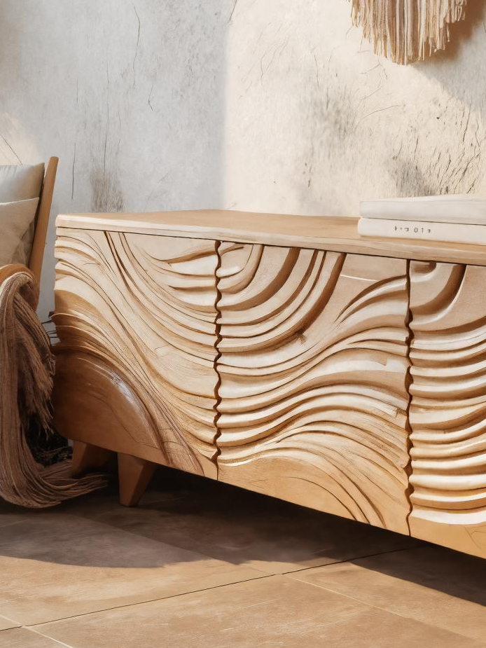 Modern Sideboard With Flowing Wave Carved For Living Room