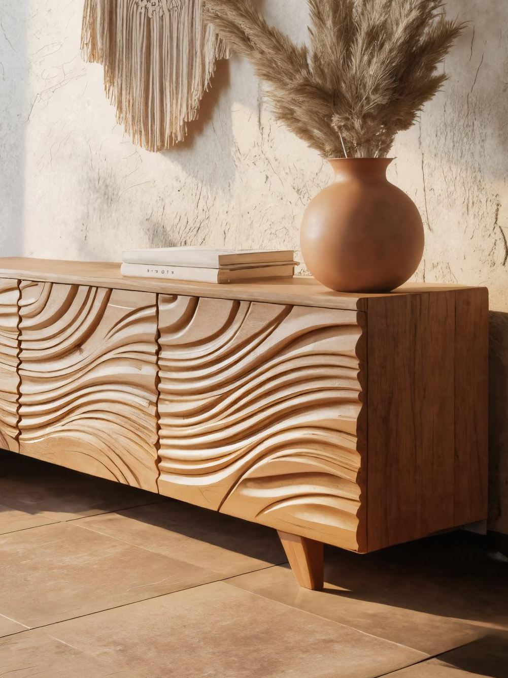 Modern Sideboard With Flowing Wave Carved For Living Room