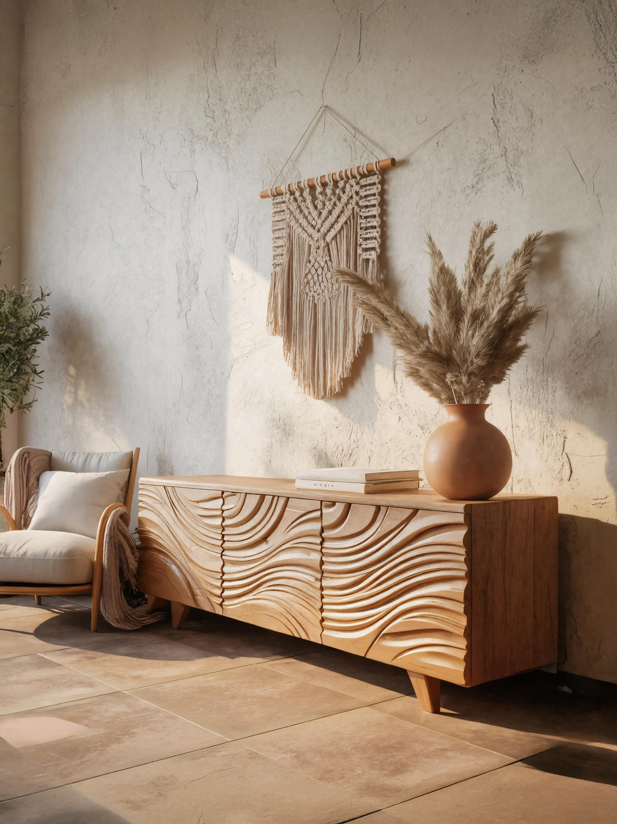 Modern Sideboard With Flowing Wave Carved For Living Room