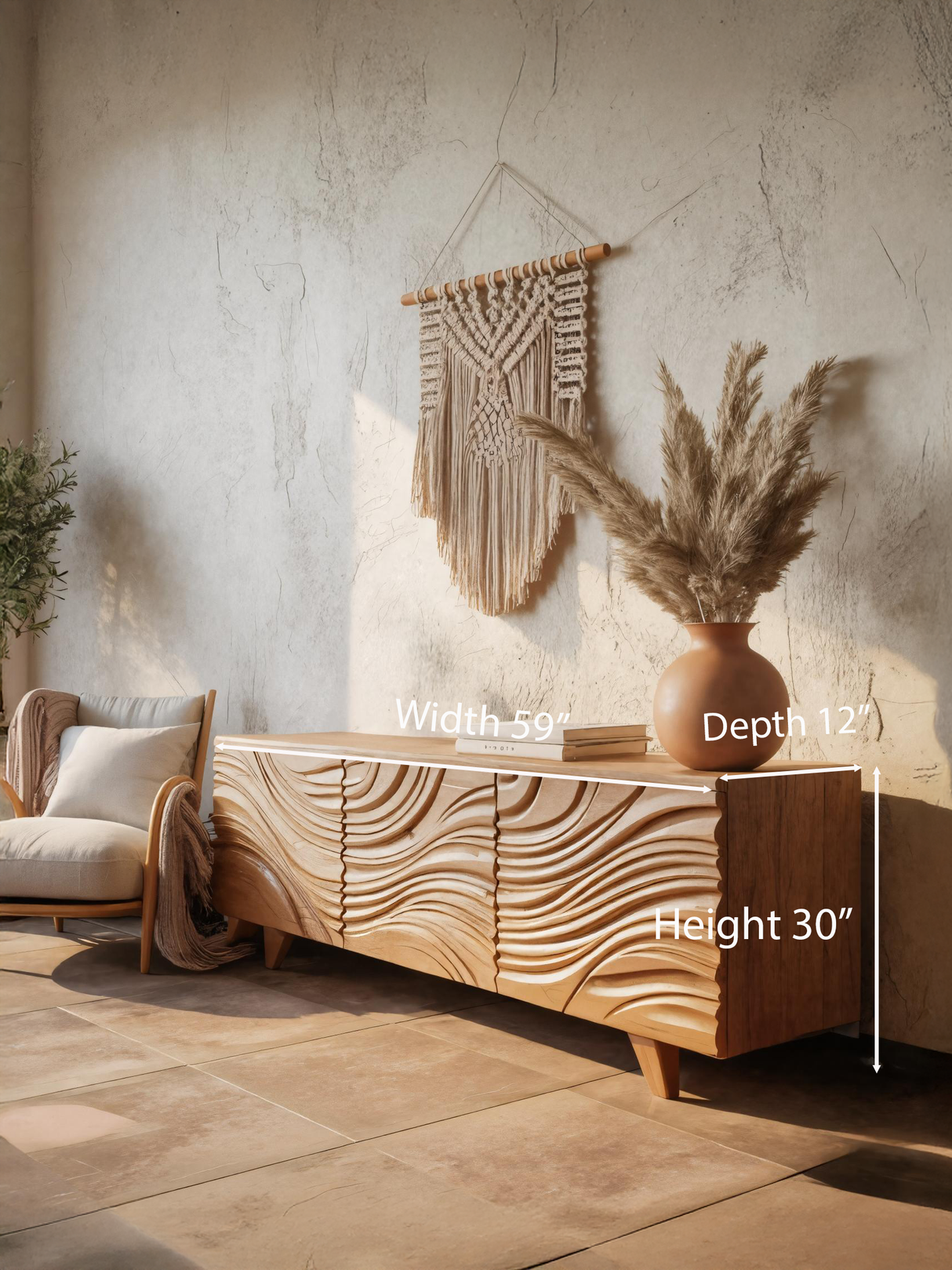 Modern Sideboard With Flowing Wave Carved For Living Room