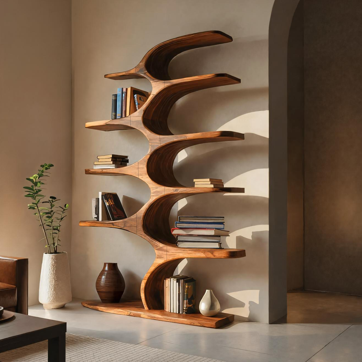 Artistic Curved Bookshelf Fluid Lines Statement For Designer Interiors