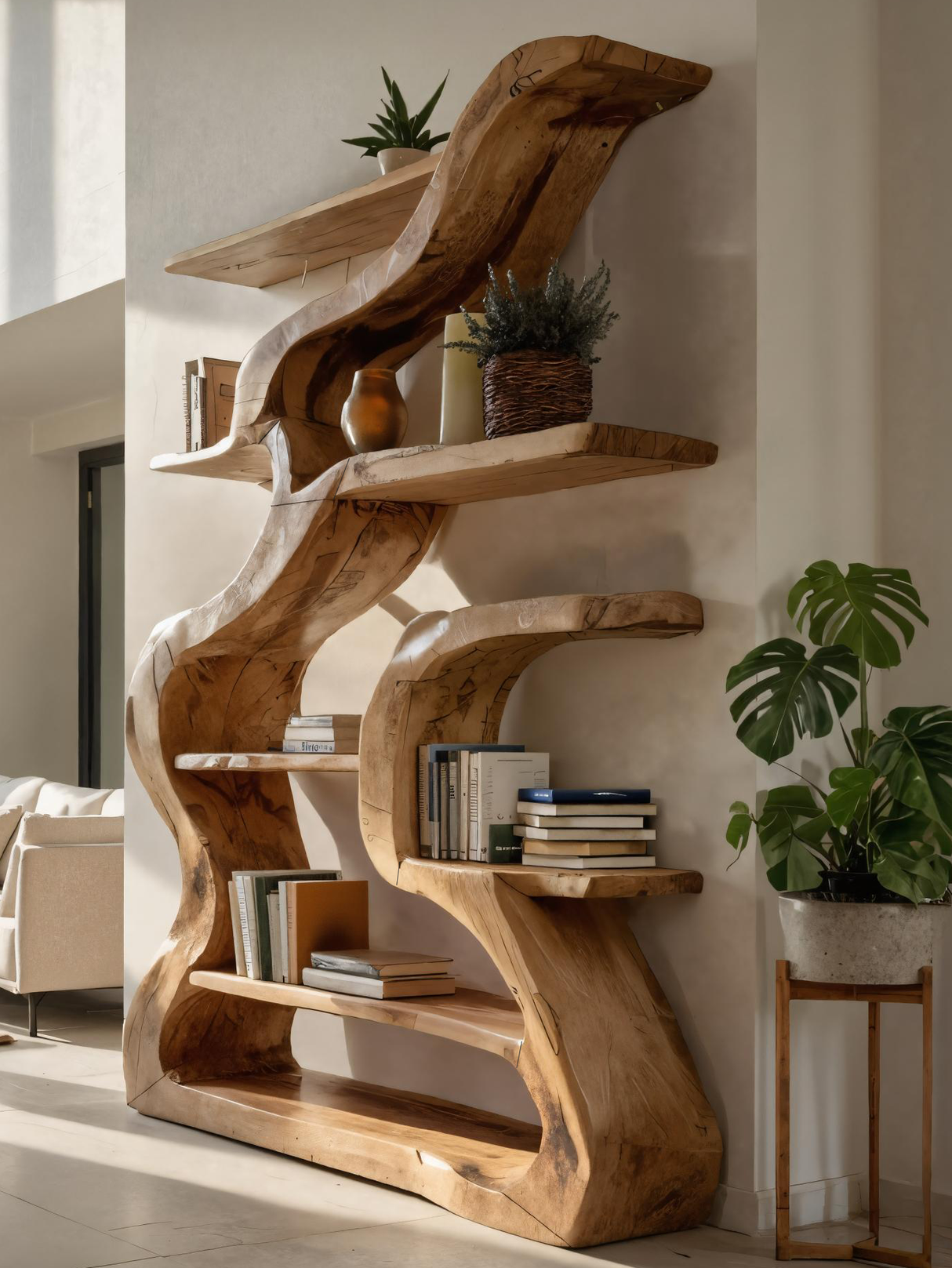 Organic Sculptural Bookshelf With Curved Design For Living Room