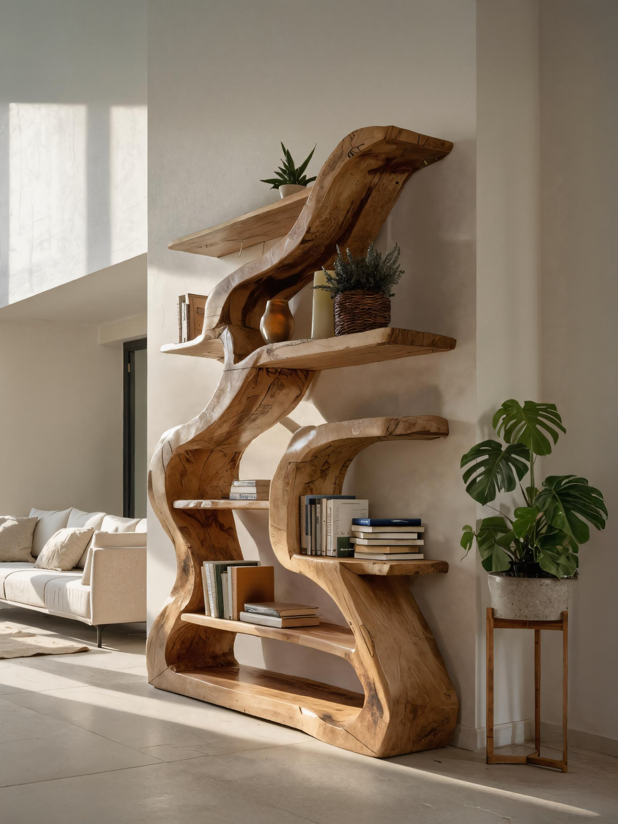 Organic Sculptural Bookshelf With Curved Design For Living Room