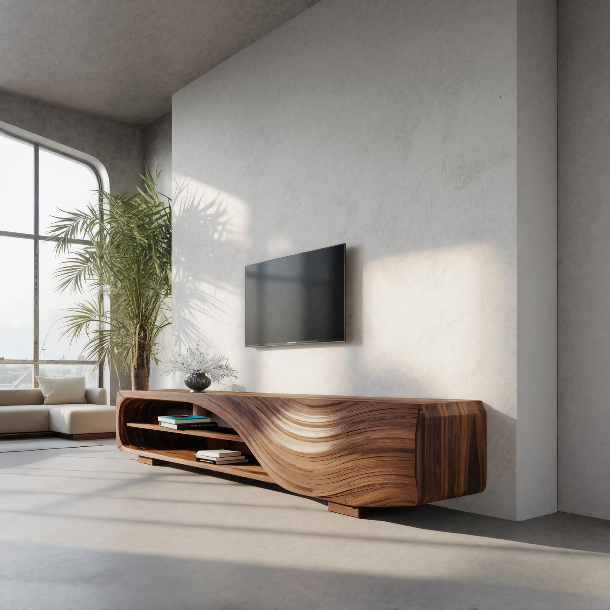 Modern TV Stand With Carved Wave Design For Living Room