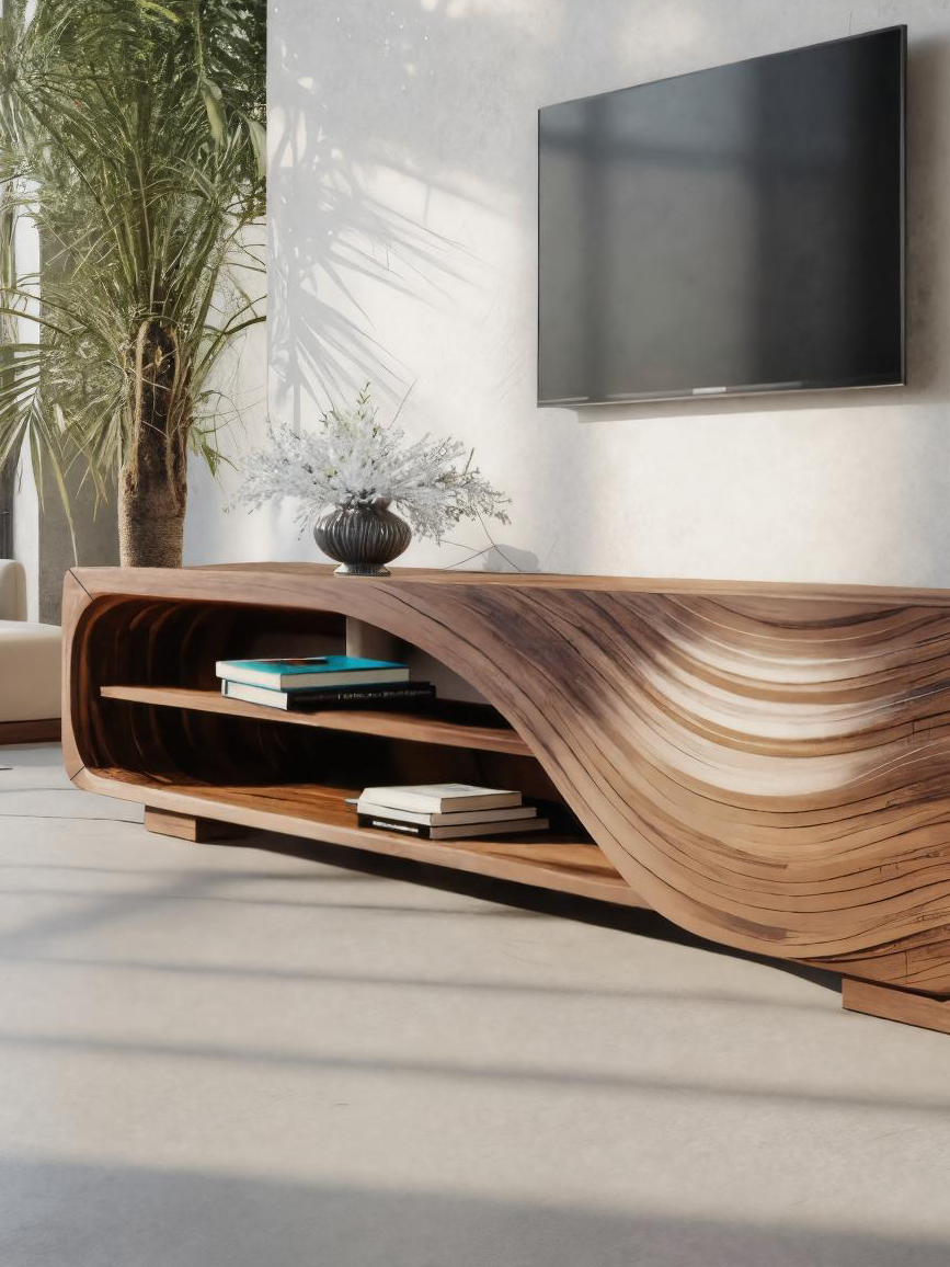 Modern TV Stand With Carved Wave Design For Living Room