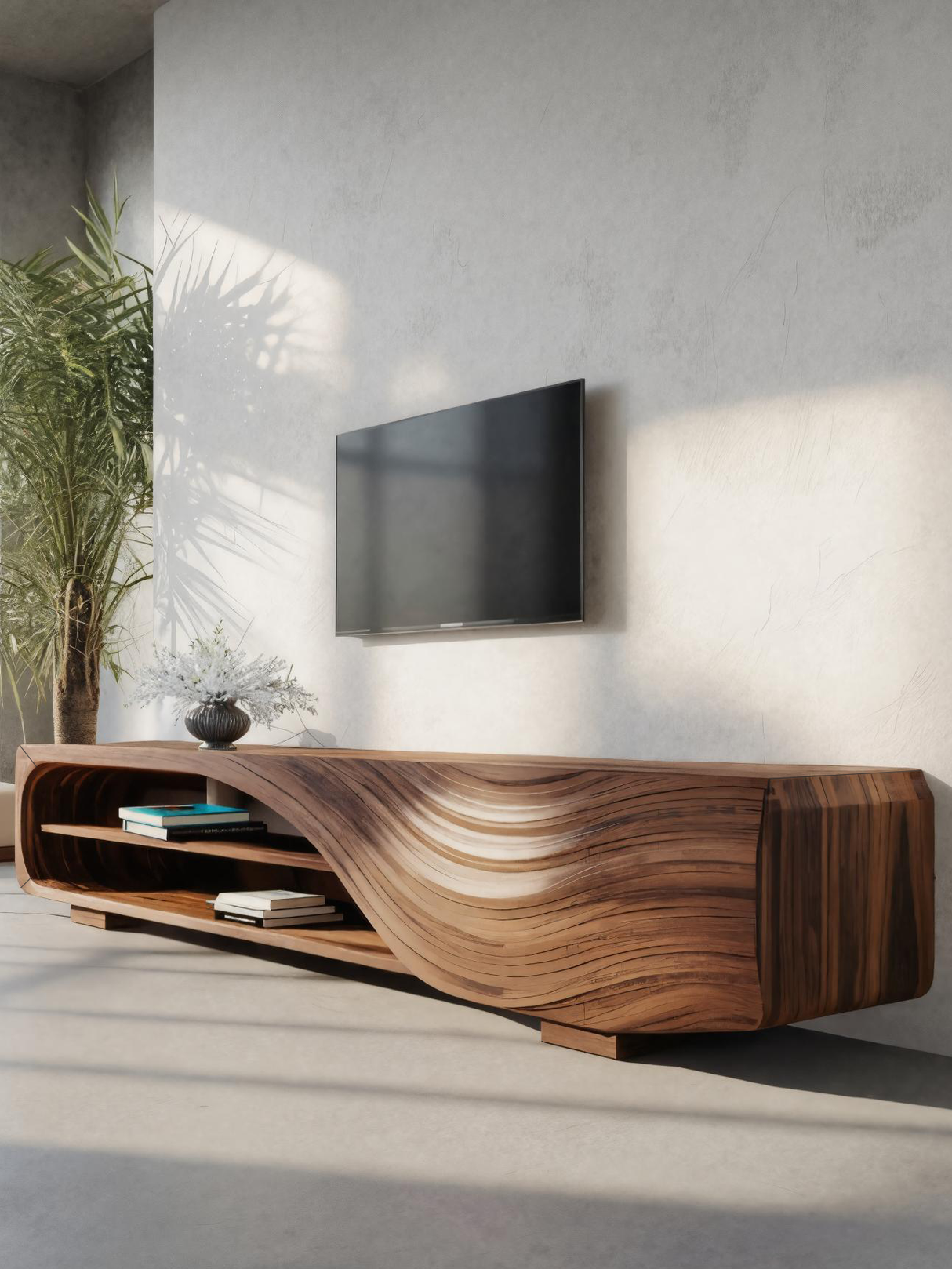 Modern TV Stand With Carved Wave Design For Living Room