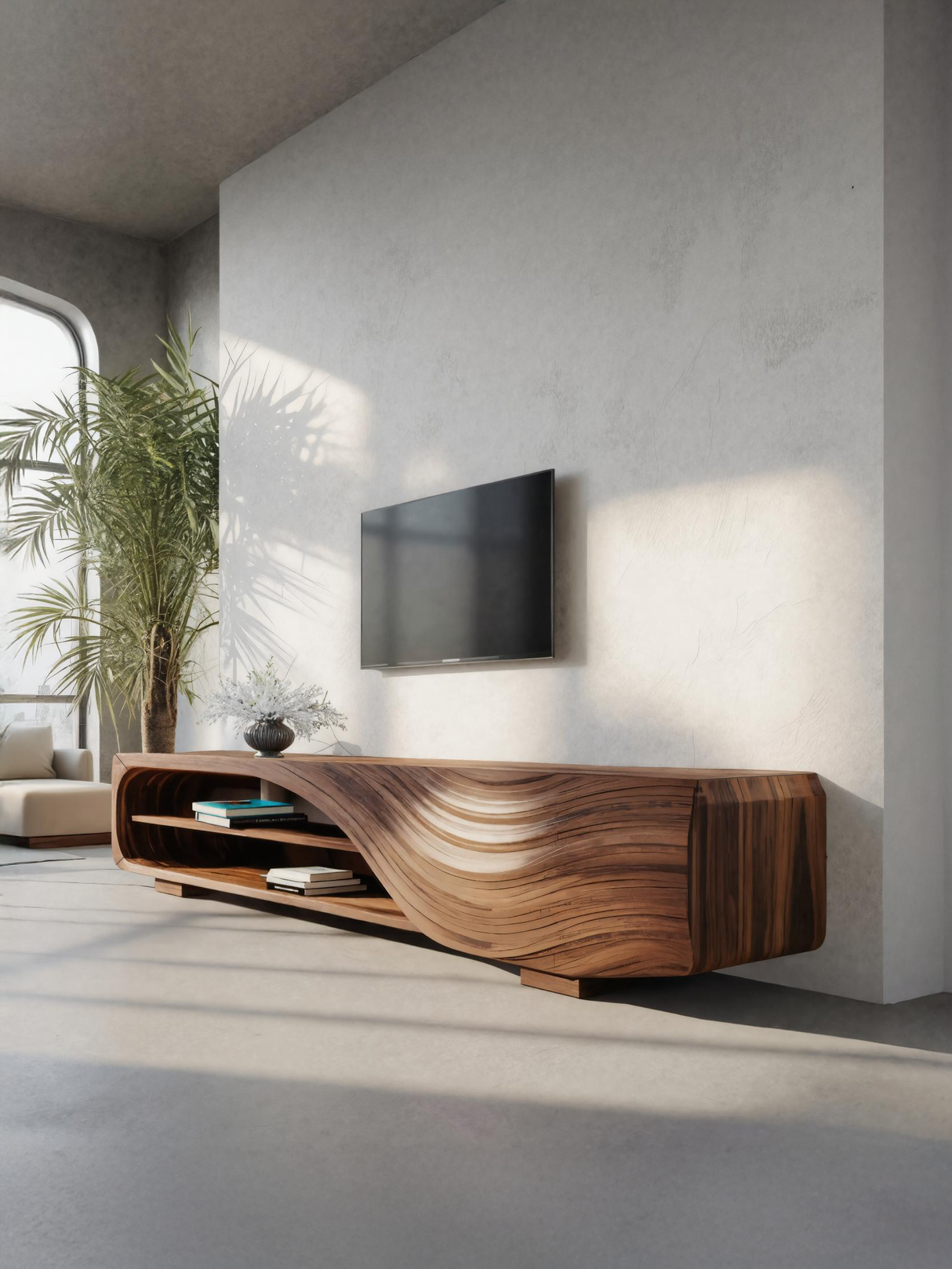 Modern TV Stand With Carved Wave Design For Living Room