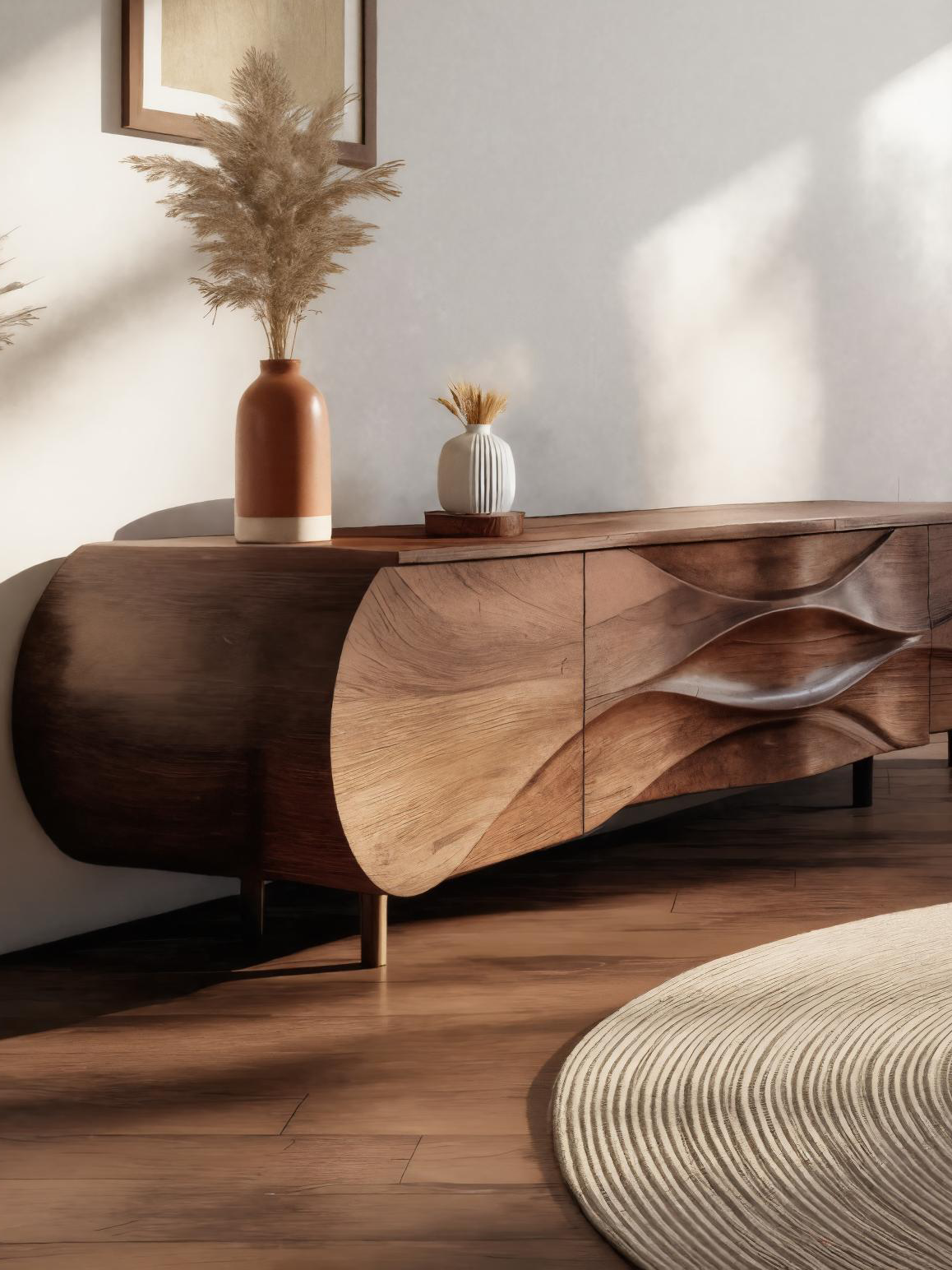 Modern Sideboard With Carved Wave For Living Room