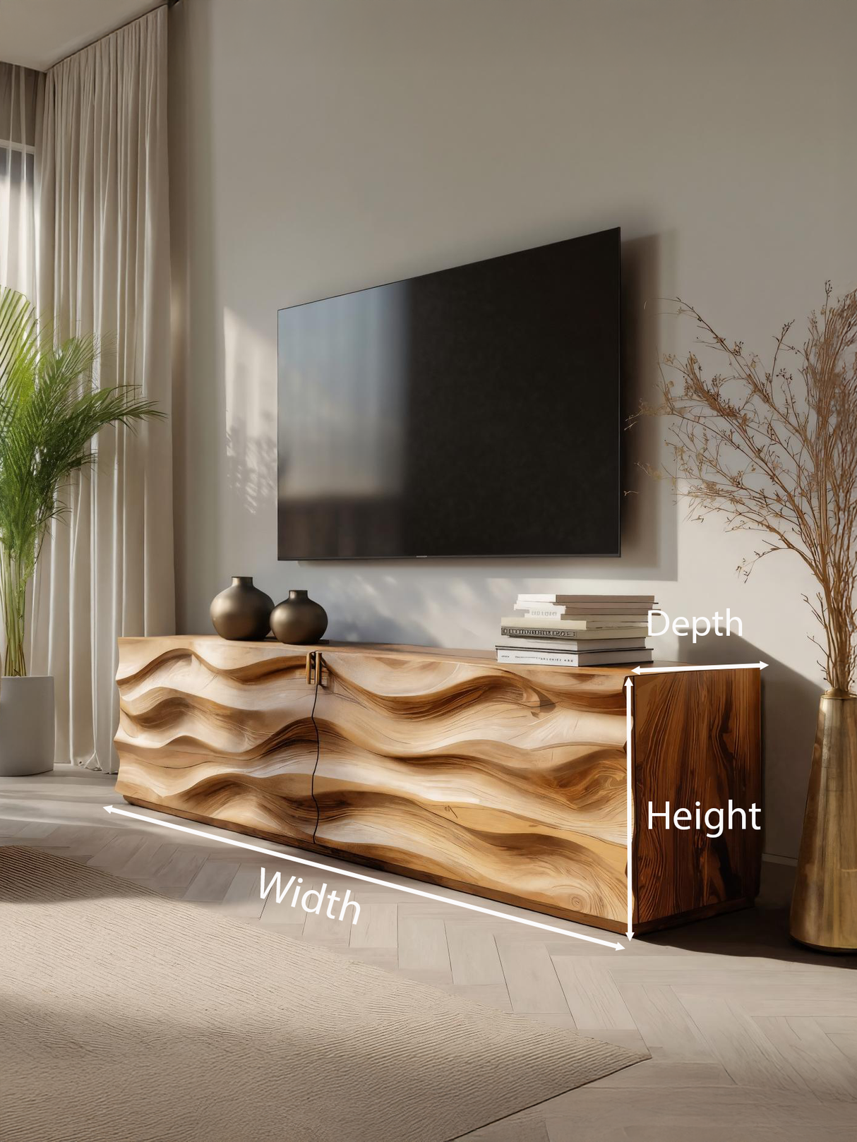 Handmade Carved Media Console With Wave Front For Living Room
