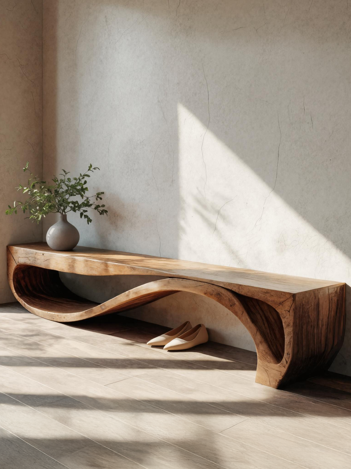 Sculptural Bench With Wave Design For Entryway