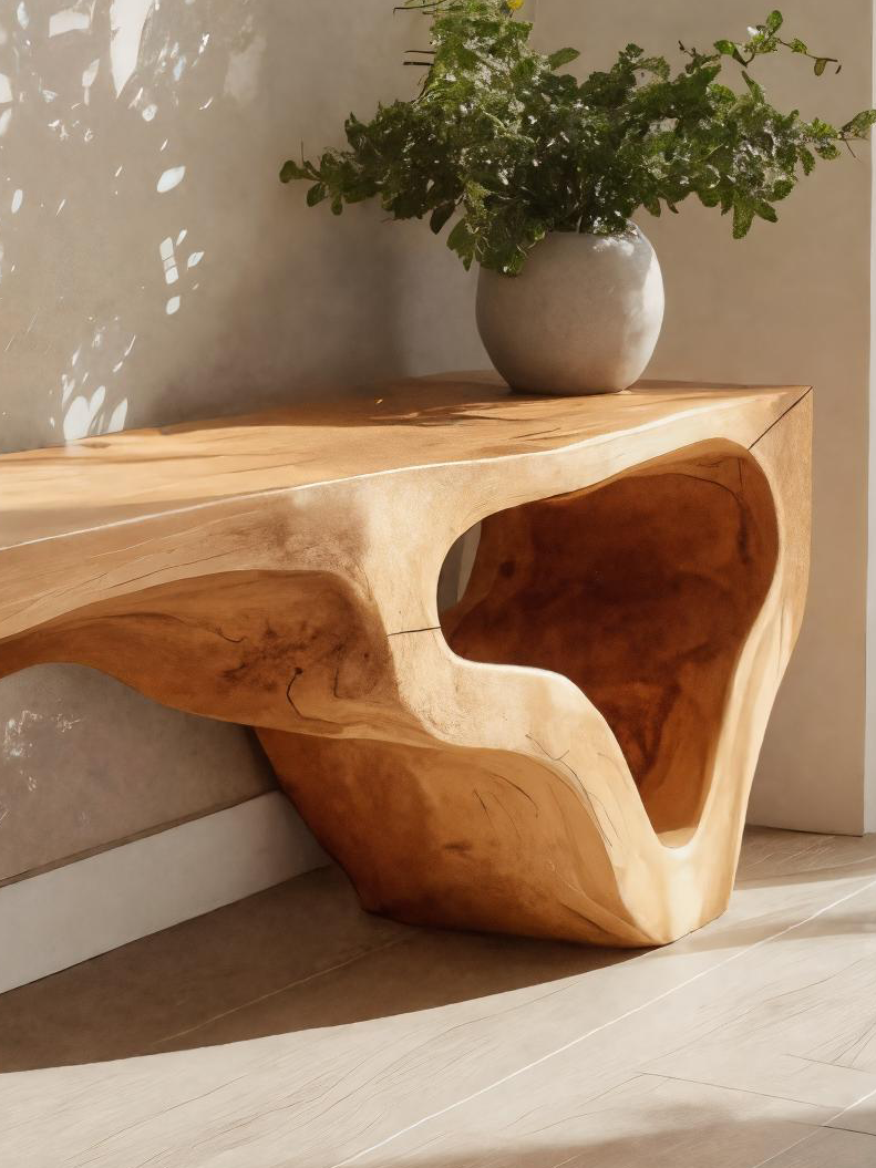 Sculptural Bench With Curved Carved Design For Entryway