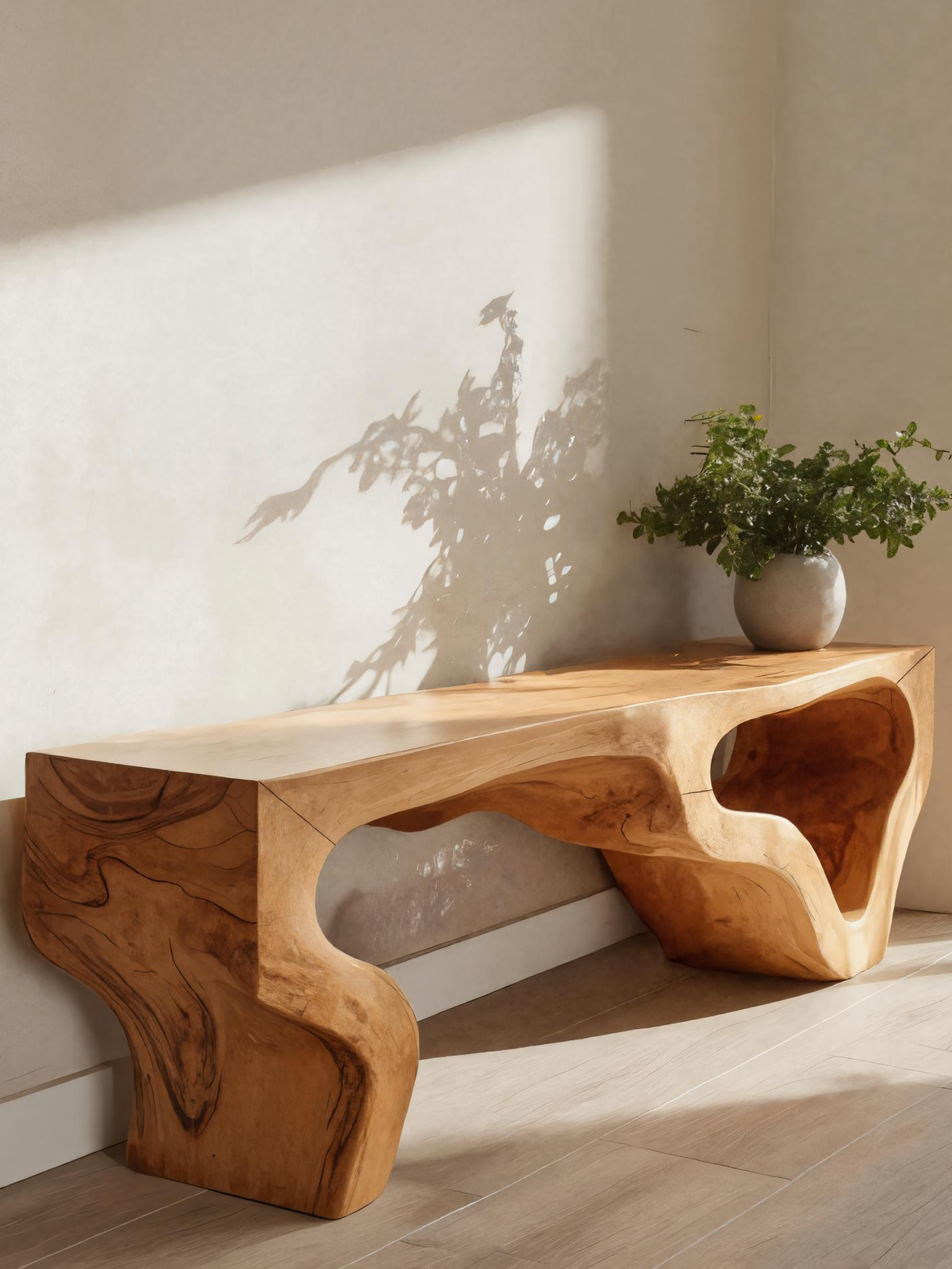 Sculptural Bench With Curved Carved Design For Entryway