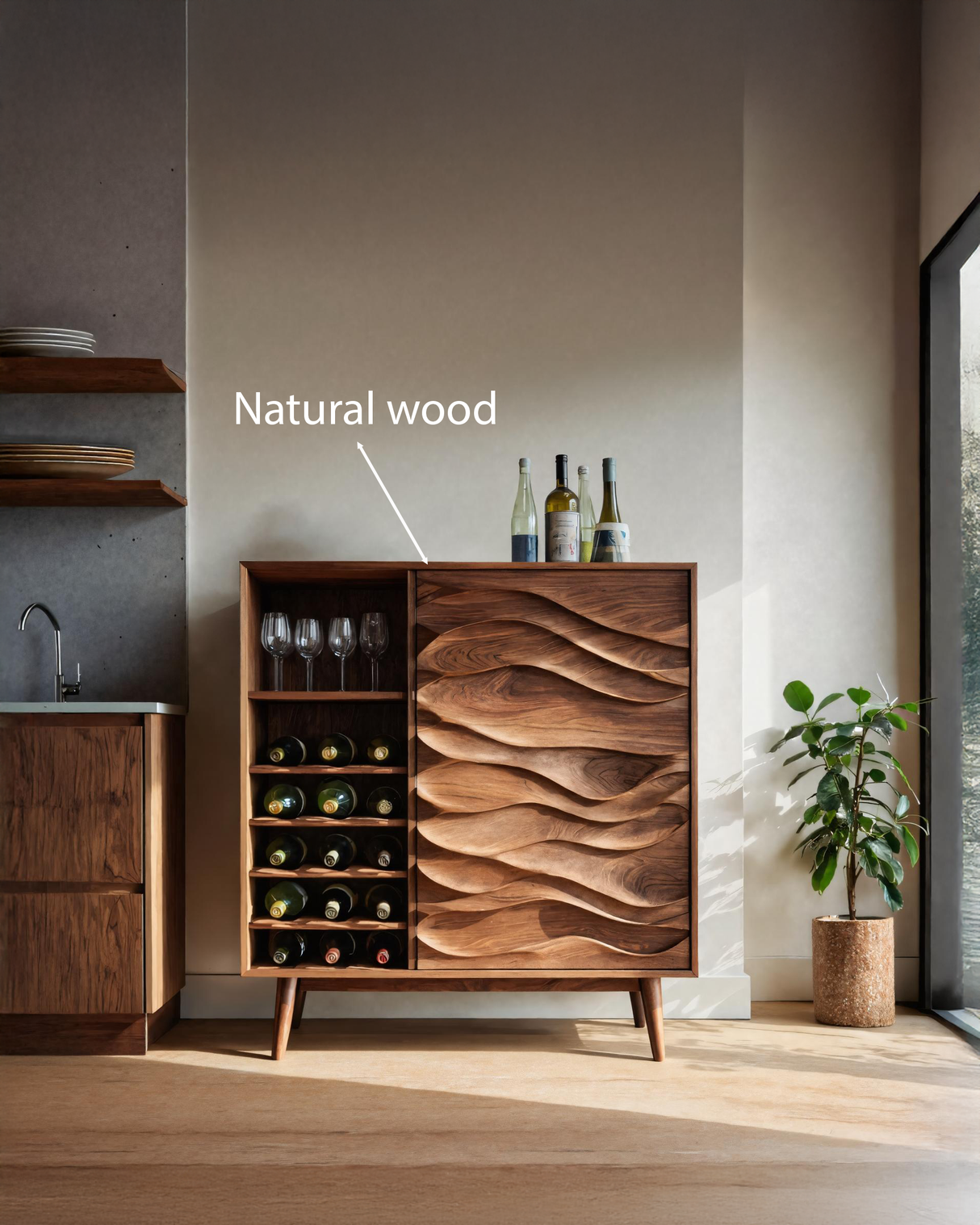 Sculptural Wine Cabinet With Wave Carved Doors For Kitchen
