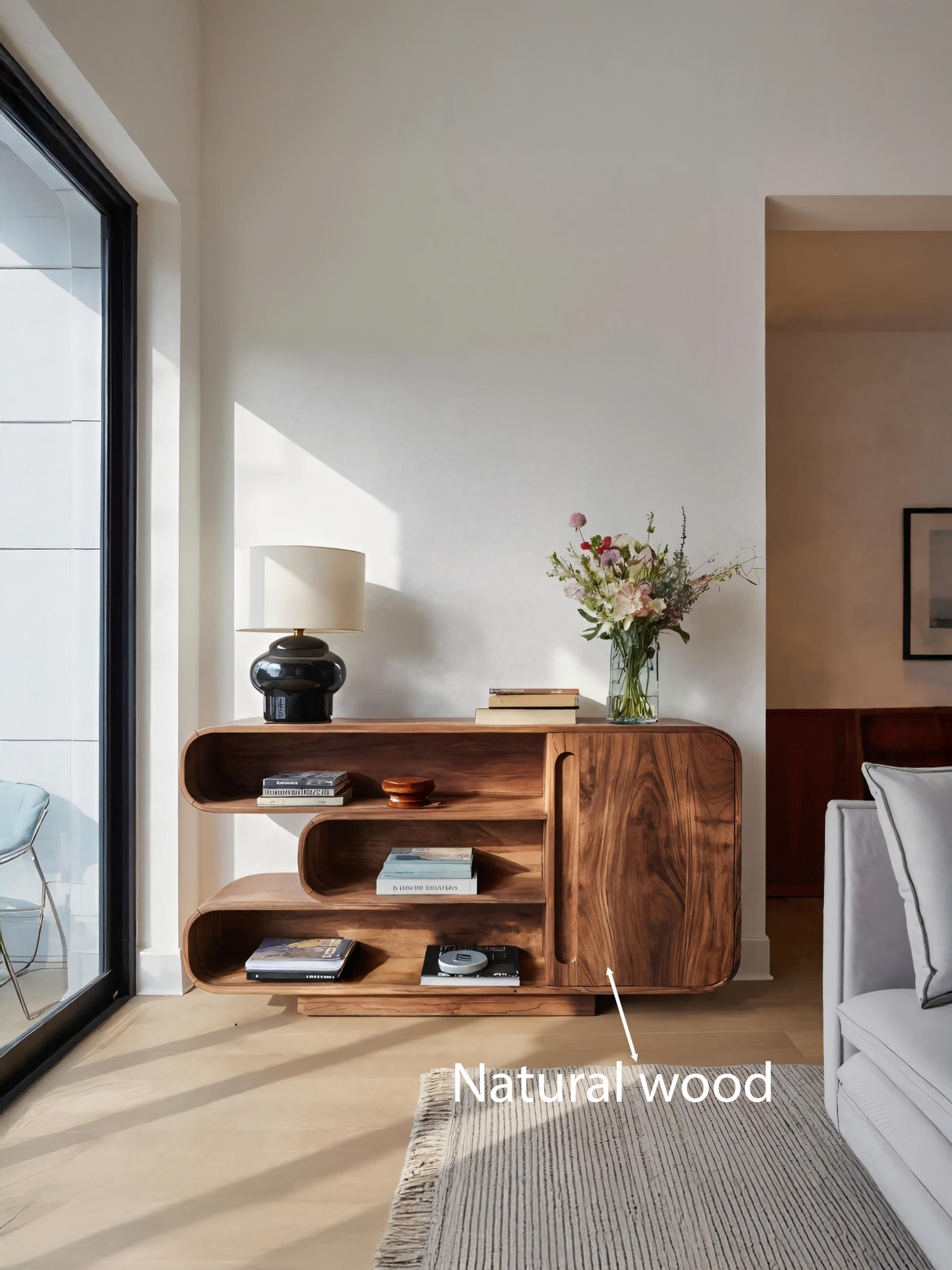 Modern Sideboard With Rounded Corners And Shelves For Living Room