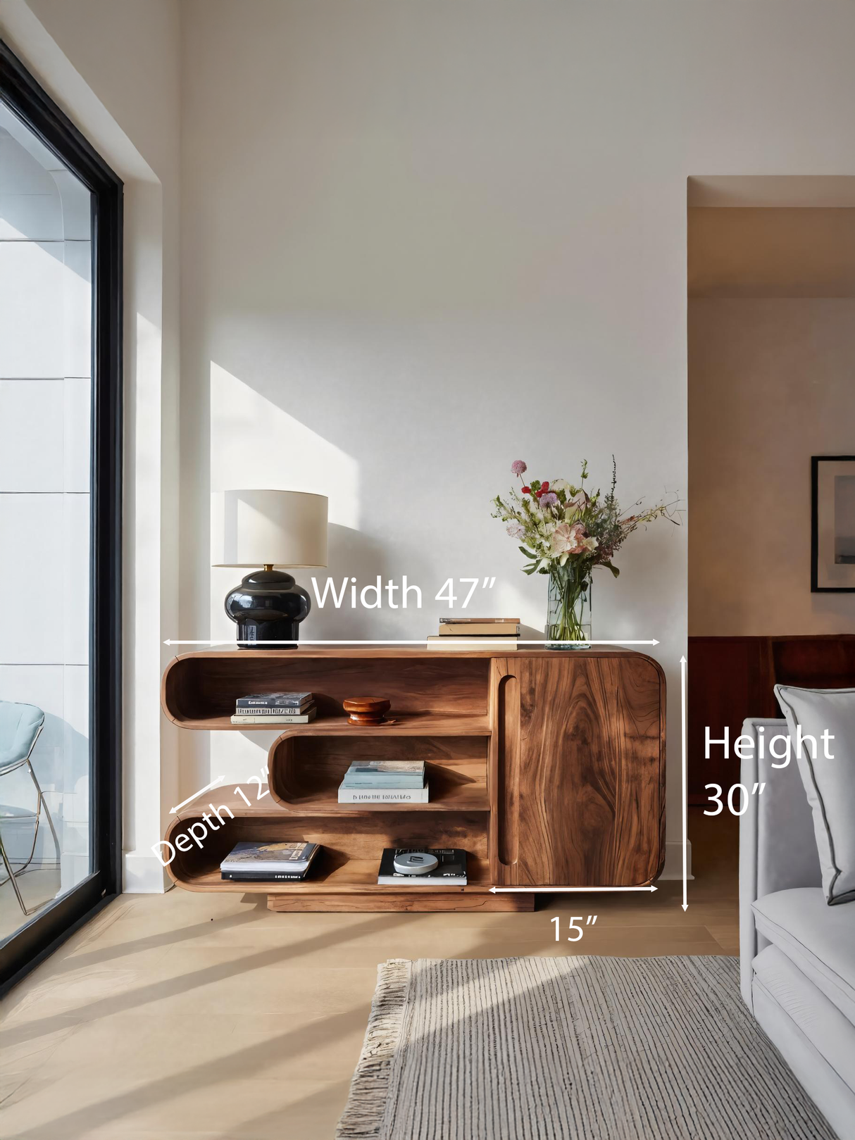 Modern Sideboard With Rounded Corners And Shelves For Living Room