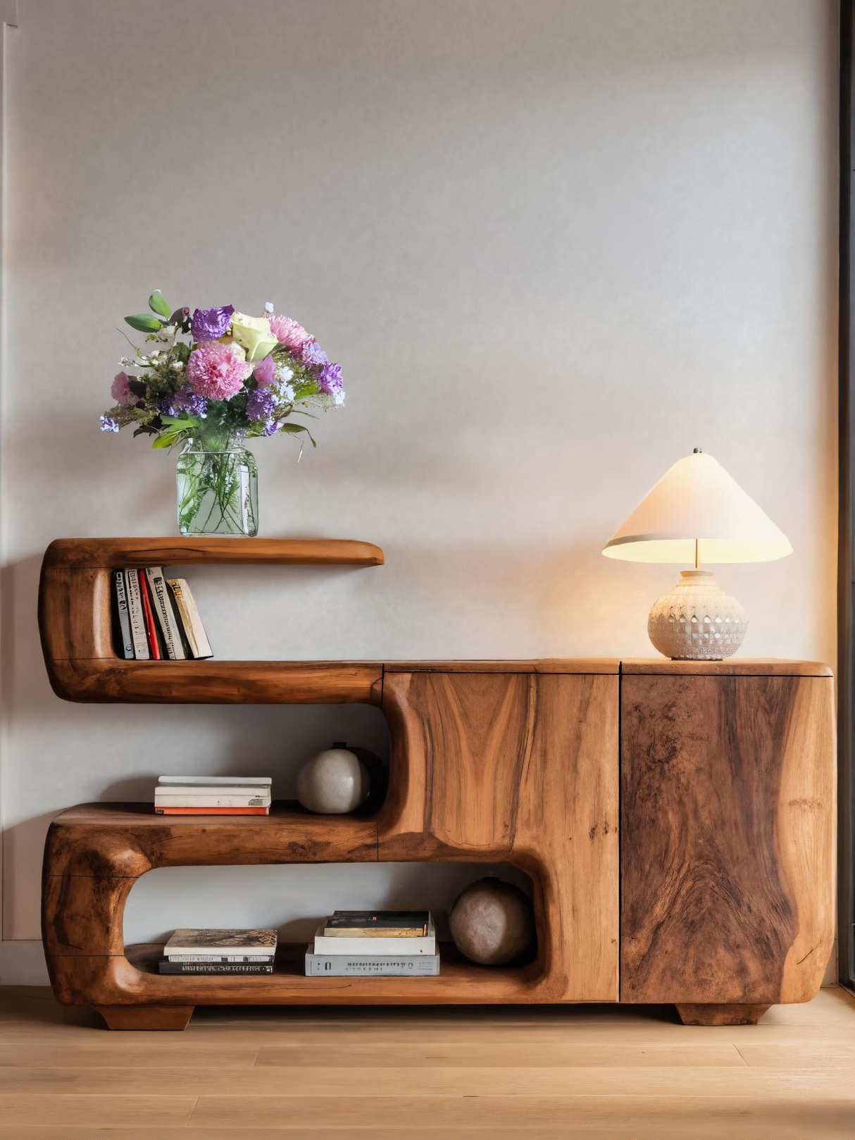 Organic Sideboard With Shelves And Cabinet For Living Room