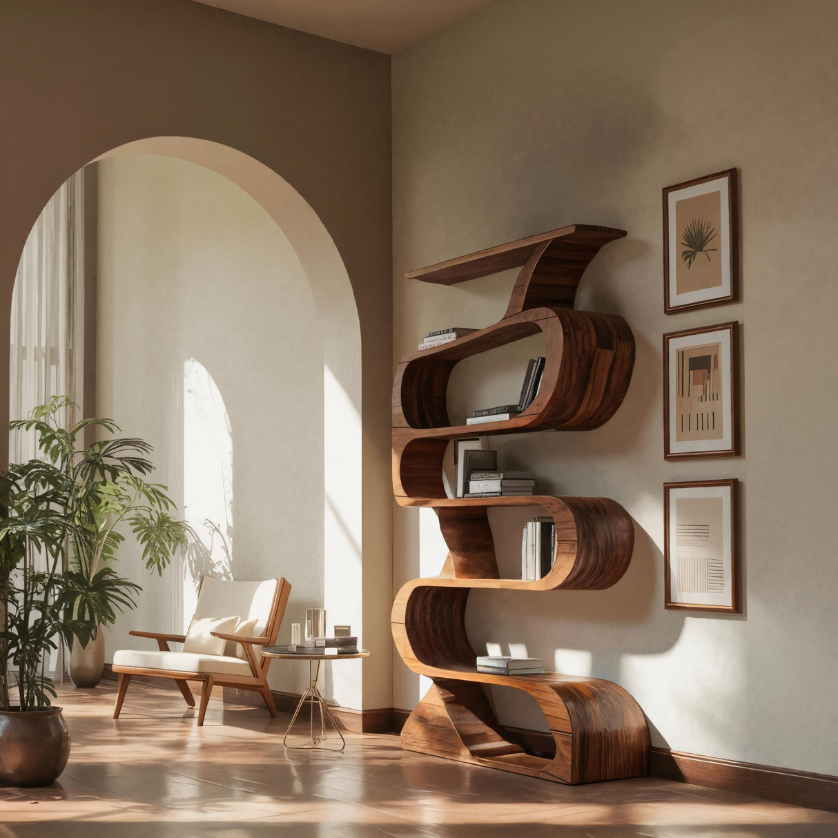 Modern Bookshelf With Curved Design For Living Room