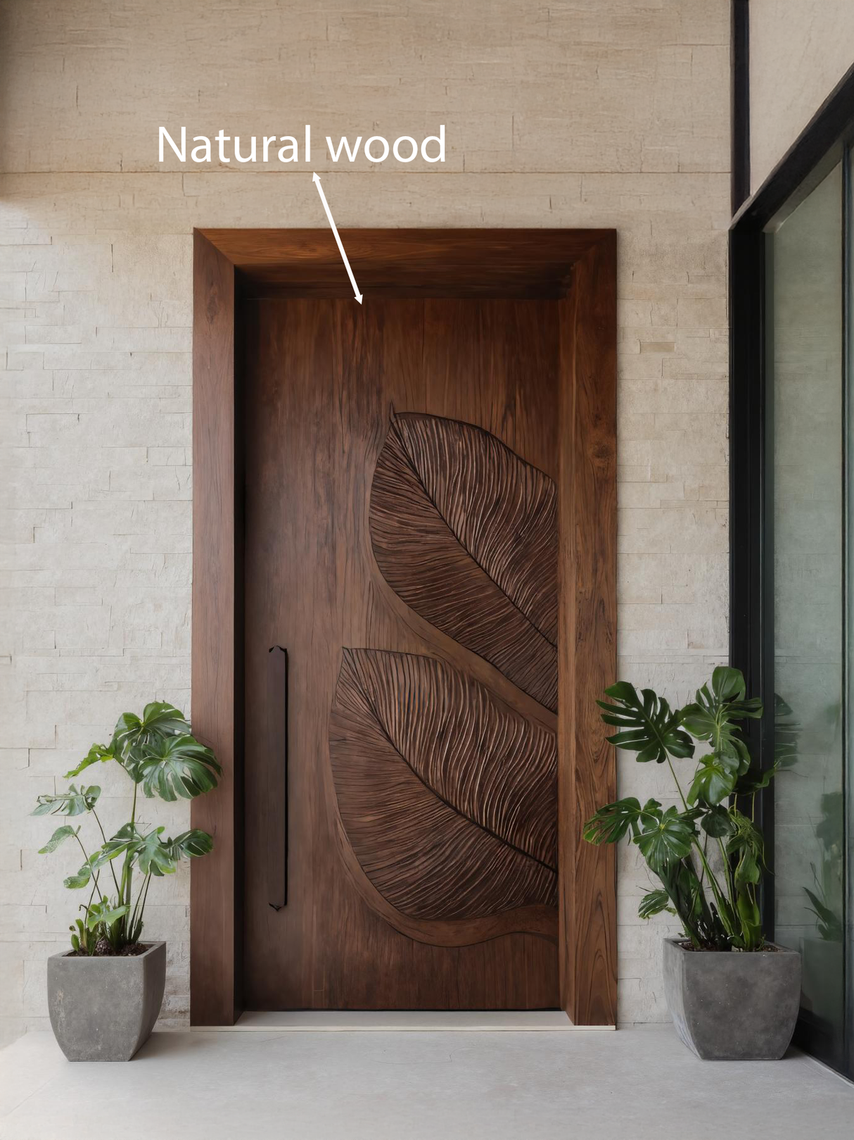 Carved Door With Tropical Leaf Design For Entryway