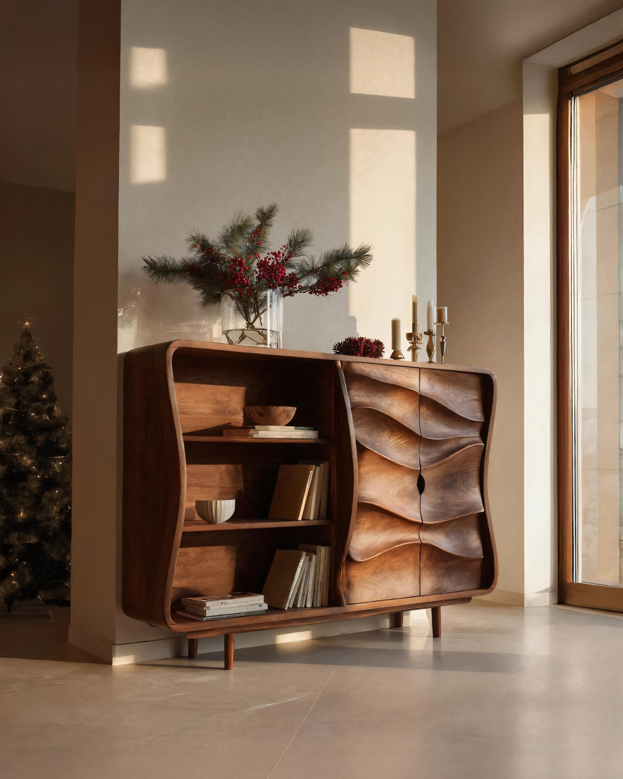 Modern Cabinet With Wavy Design For Living Room