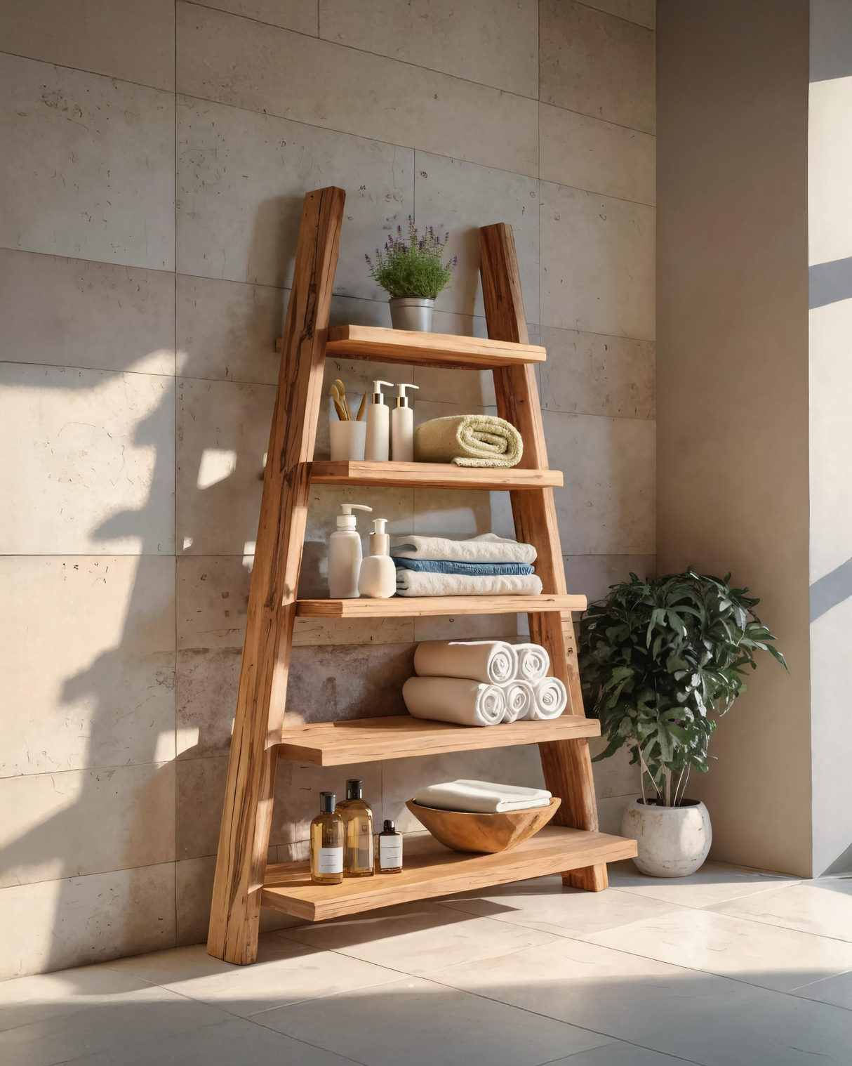 A-Frame Ladder Shelf With Open Tiers For Bathroom