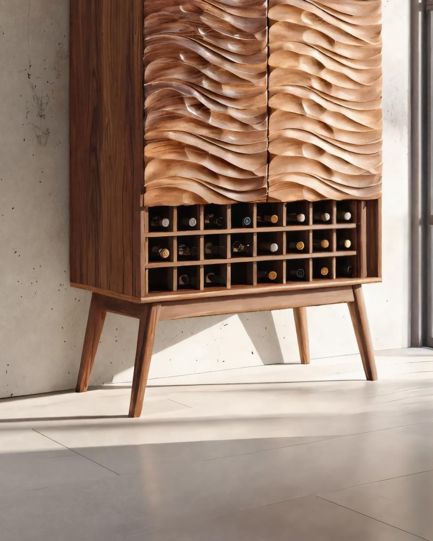 Modern Wine Cabinet With Wave Carved Doors For Kitchen