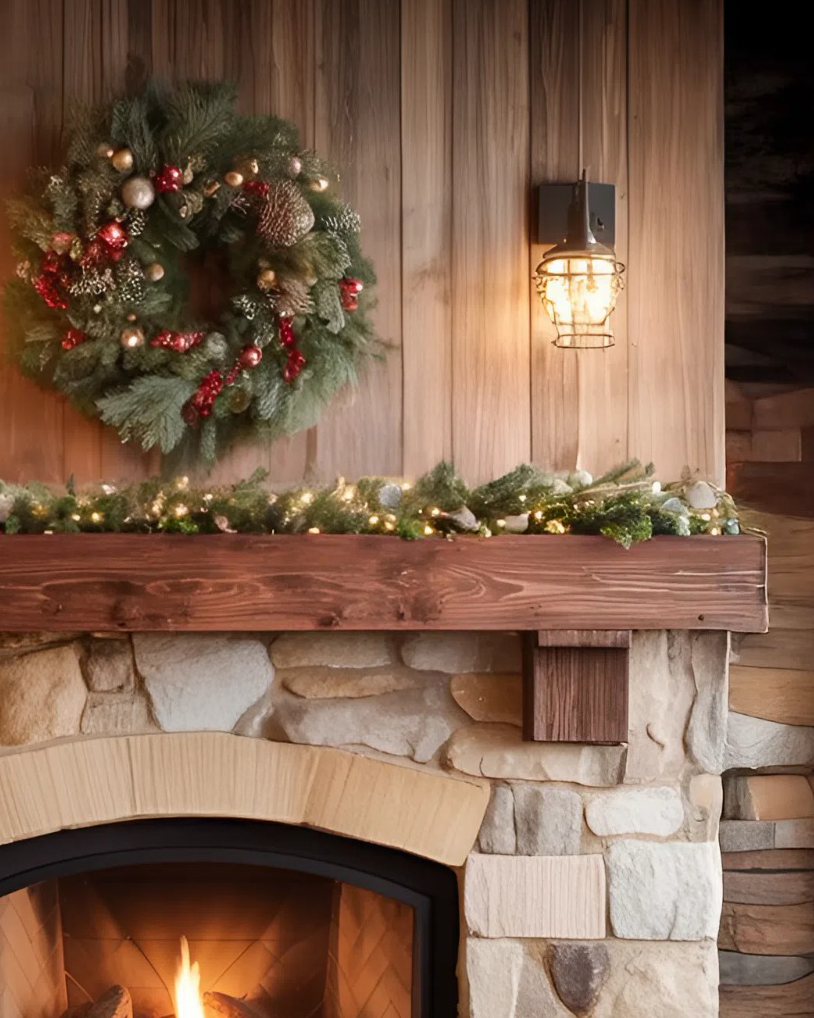 Rustic Fireplace Mantel With Beam For Holiday Decoration
