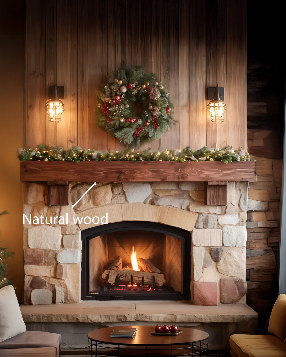 Rustic Fireplace Mantel With Beam For Holiday Decoration