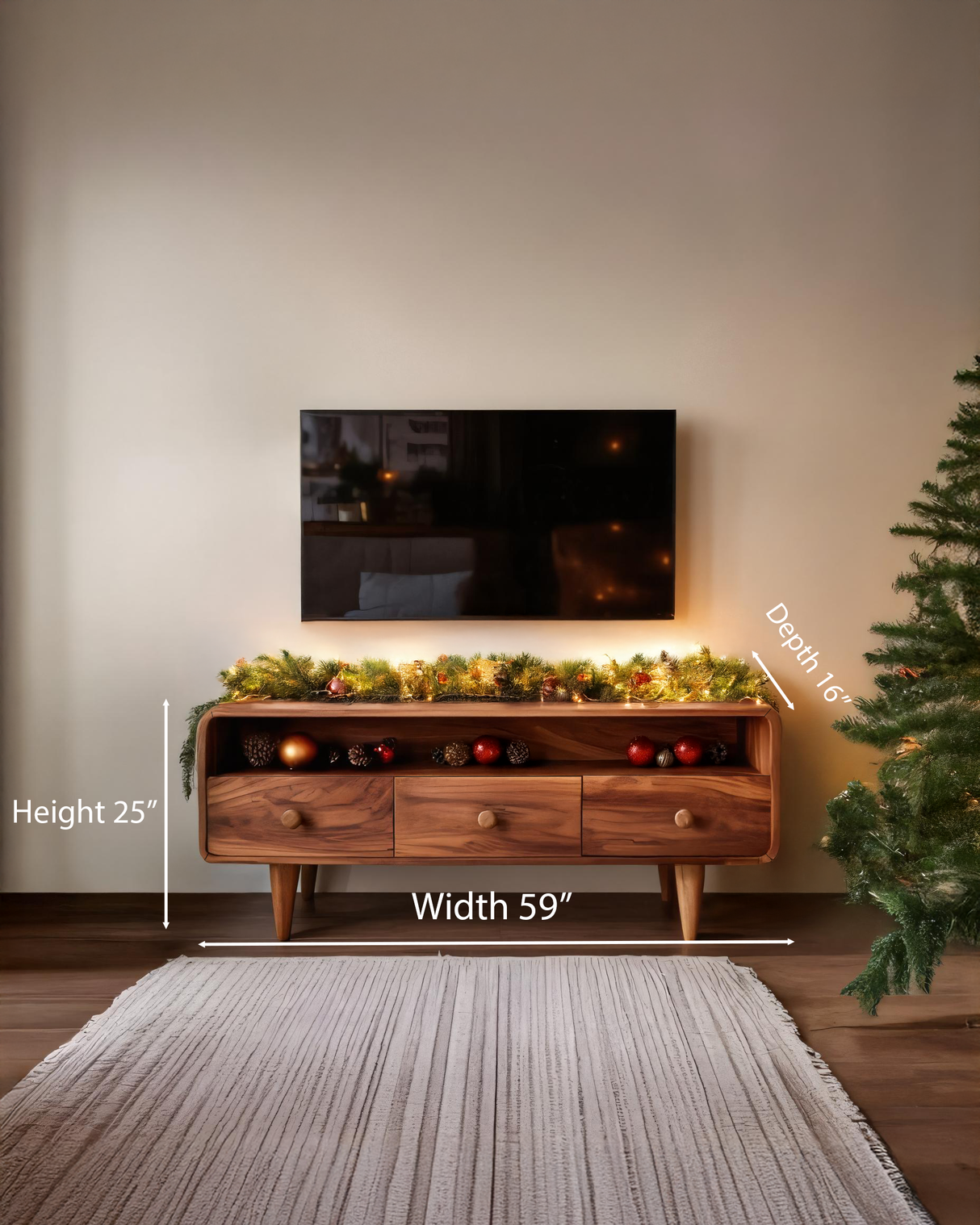 Mid-Century Rounded TV Console For Holiday Decor