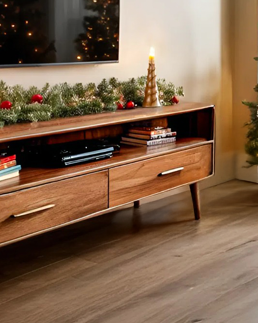 Mid-Century TV Console With Rounded Edge For Holiday