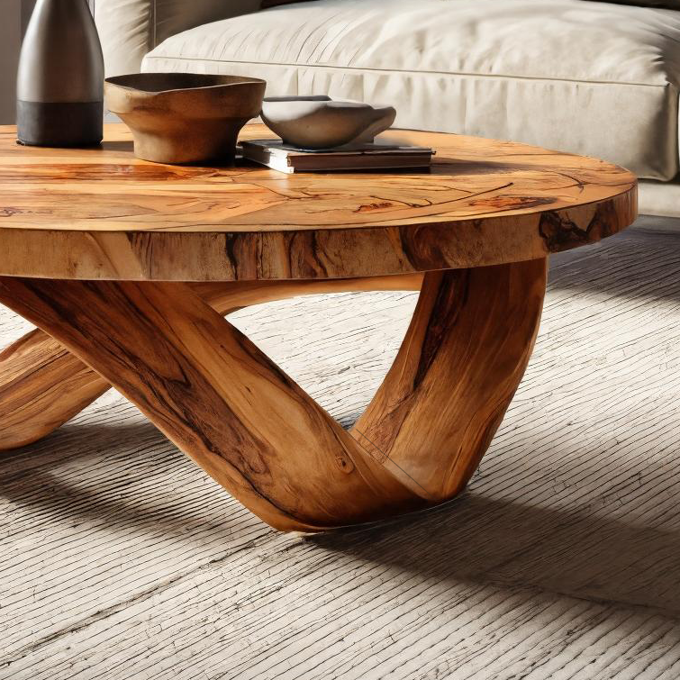 Handcrafted Round Coffee Table With Unique Curved Base For Living