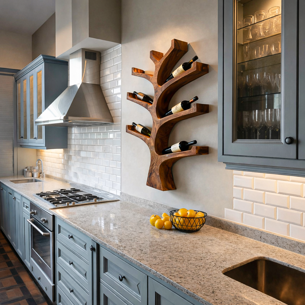 Rustic Wall Mounted Tree Branch Wine Holder For Kitchen