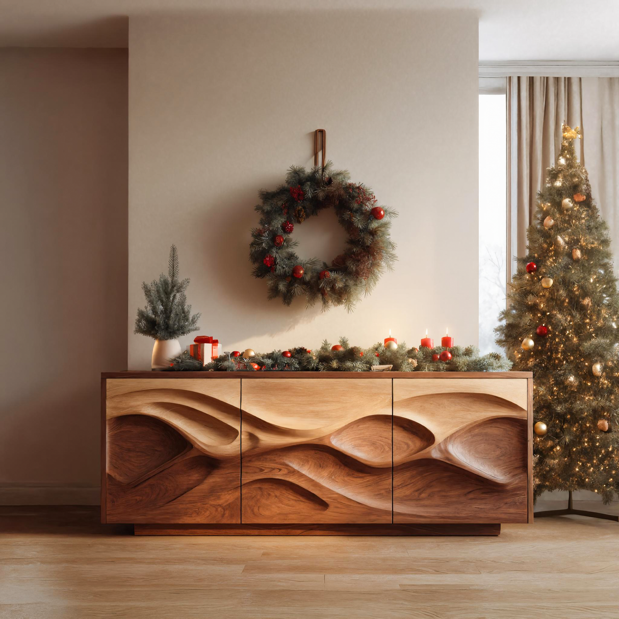 Organic Wave Pattern Sideboard For Holiday Decor
