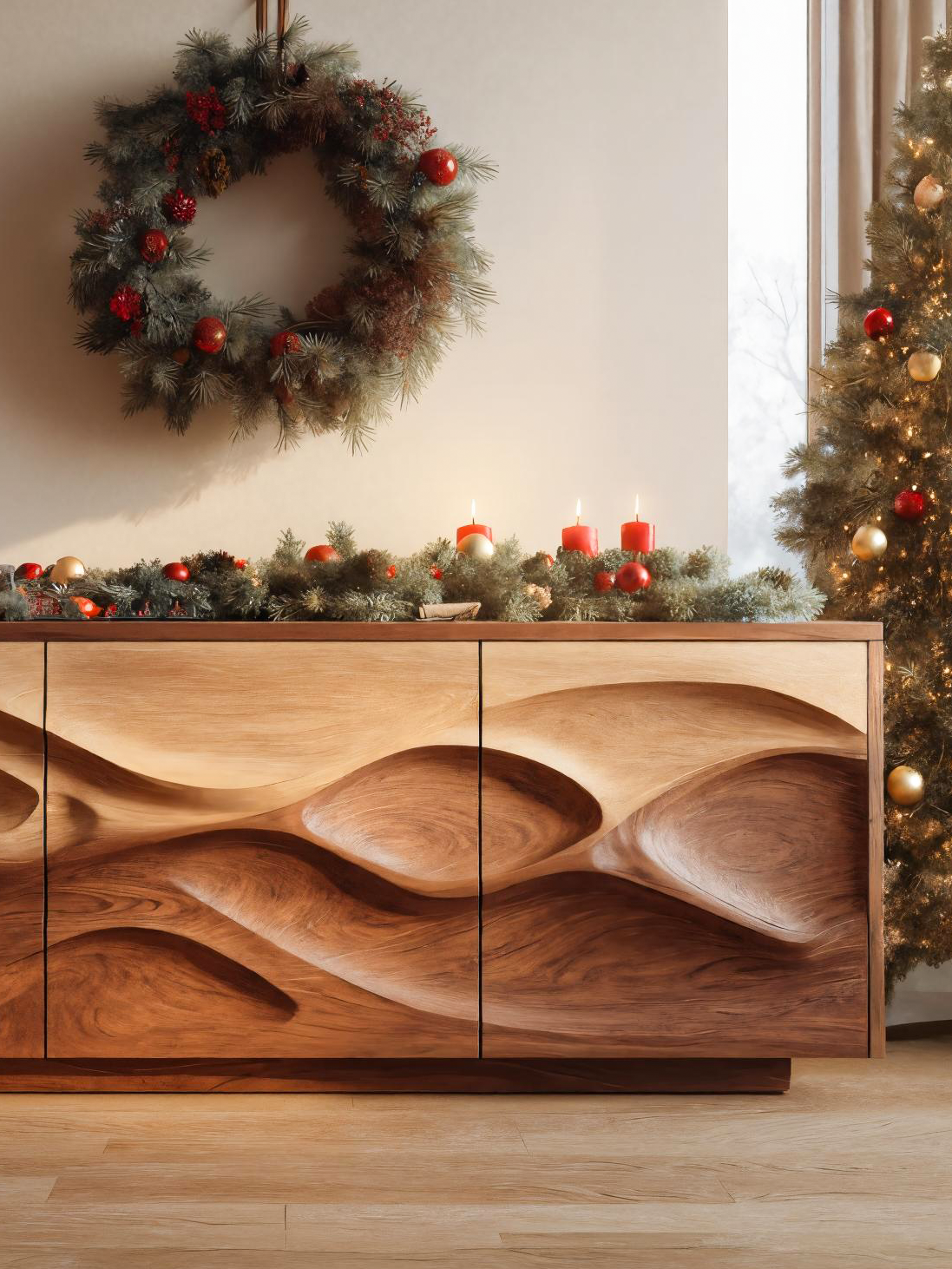 Organic Wave Pattern Sideboard For Holiday Decor
