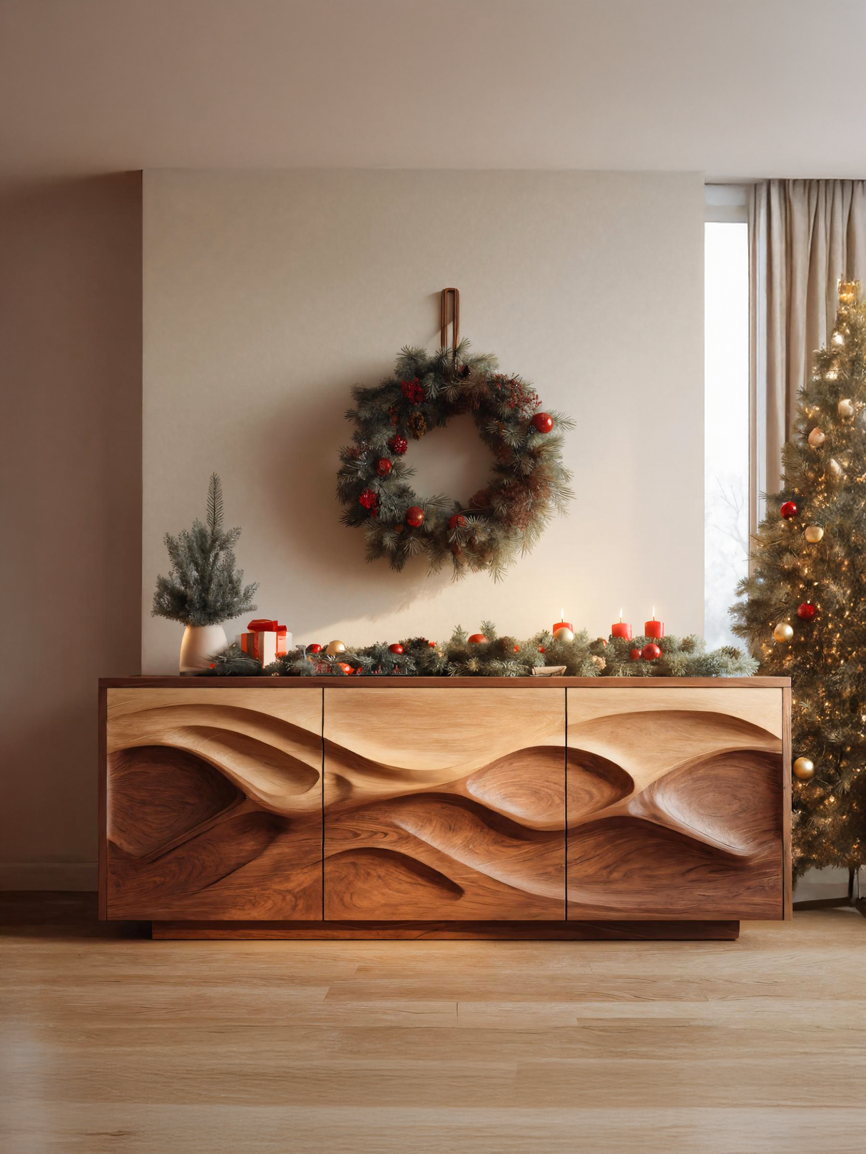 Organic Wave Pattern Sideboard For Holiday Decor