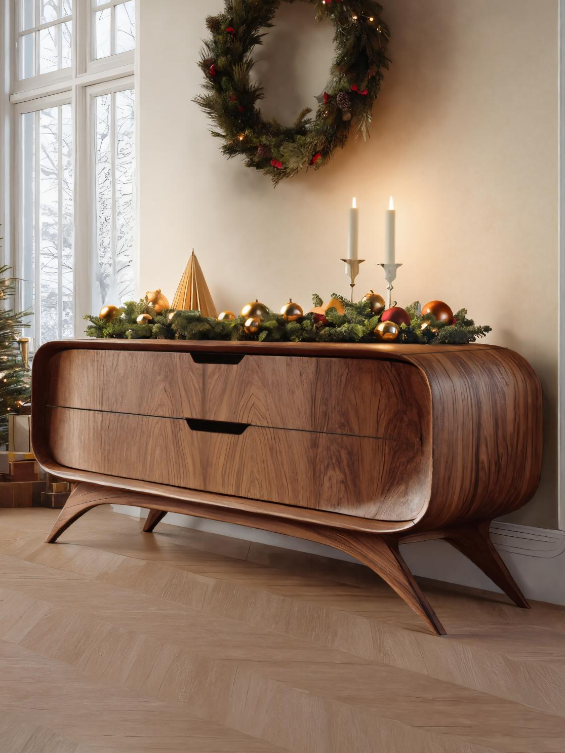 Mid Century Curved Sideboard For Holiday Or Living Room