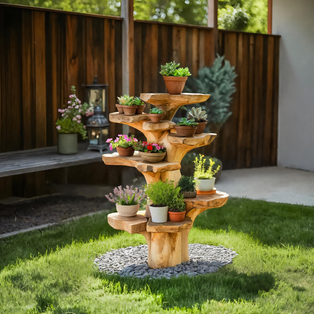 Organic Plant Stand With Multi Tier Tree Design For Garden