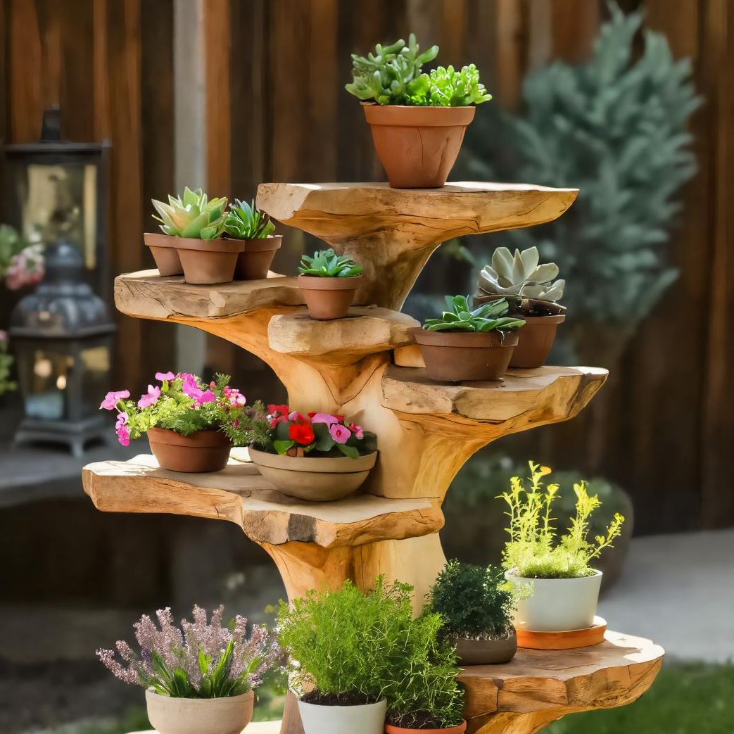 Organic Plant Stand With Multi Tier Tree Design For Garden