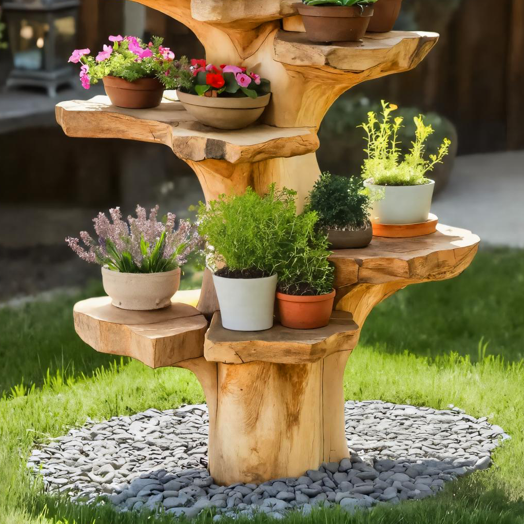Organic Plant Stand With Multi Tier Tree Design For Garden