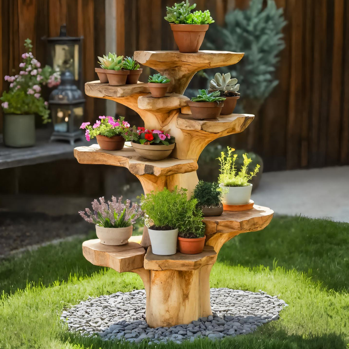 Organic Plant Stand With Multi Tier Tree Design For Garden