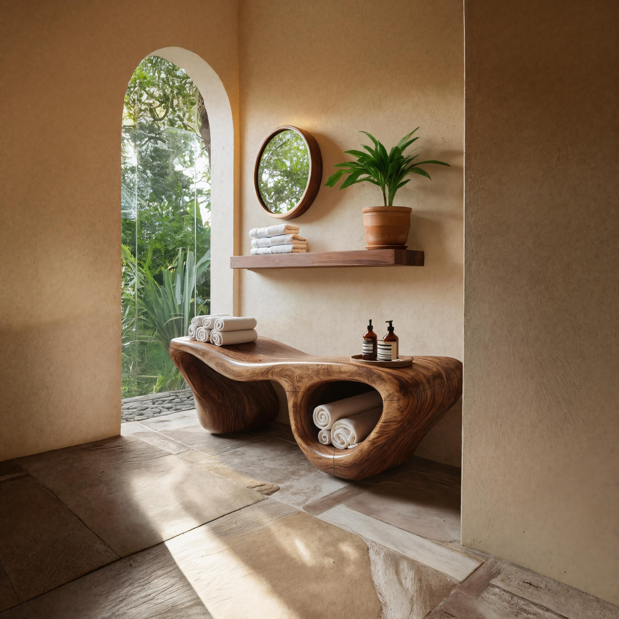 Organic Wave Carved Shower Bench Double Storage For Bathroom