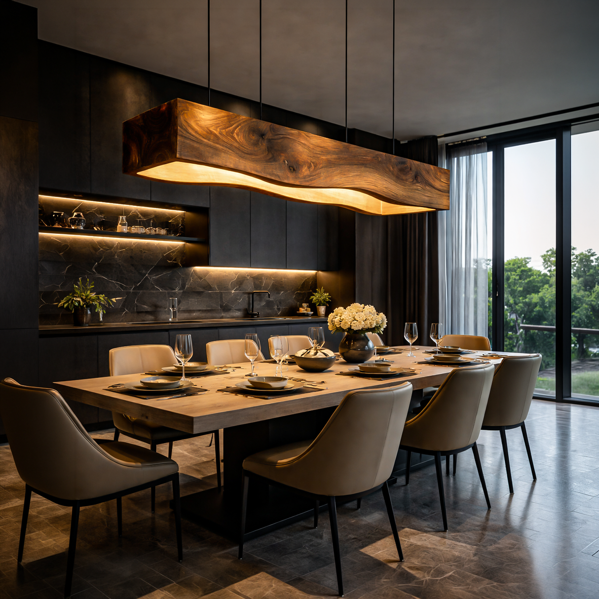Long Wooden Hanging Lamp For Dining Tables