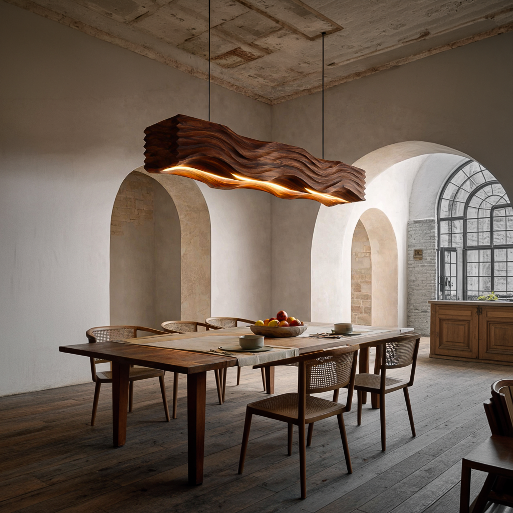 Sculpted Hanging Lamp Featuring Flowing Wave Carving For Dining