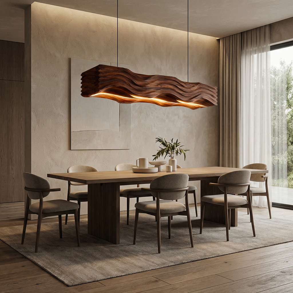 Sculpted Hanging Lamp Featuring Flowing Wave Carving For Dining